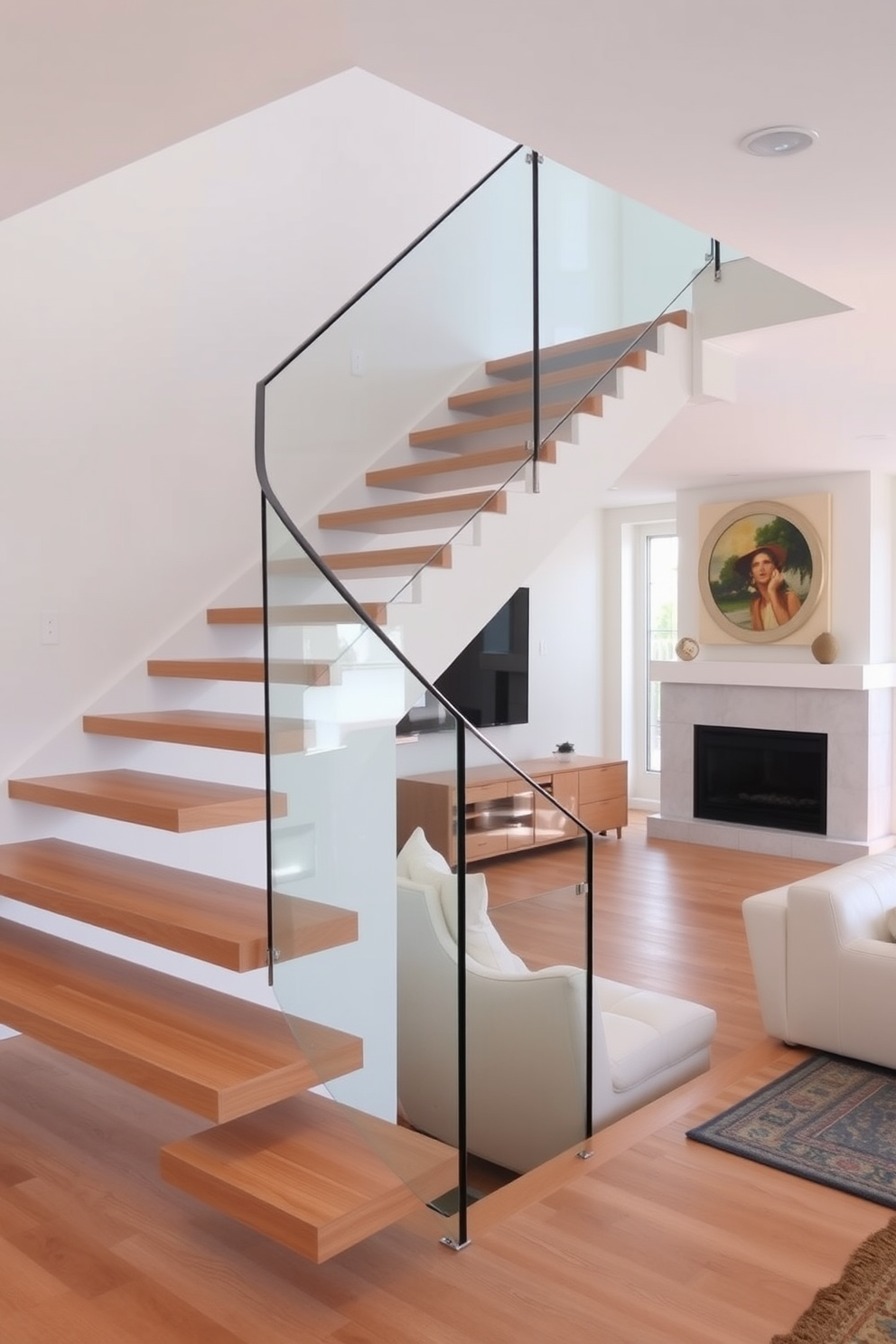 A minimalist staircase with sleek finishes features a floating design that emphasizes clean lines and simplicity. The treads are made of polished wood, and the railing is glass, allowing for an open and airy feel. In the living room, the staircase serves as a focal point, seamlessly integrating with the overall decor. The surrounding walls are painted in a soft neutral tone, enhancing the modern aesthetic of the space.