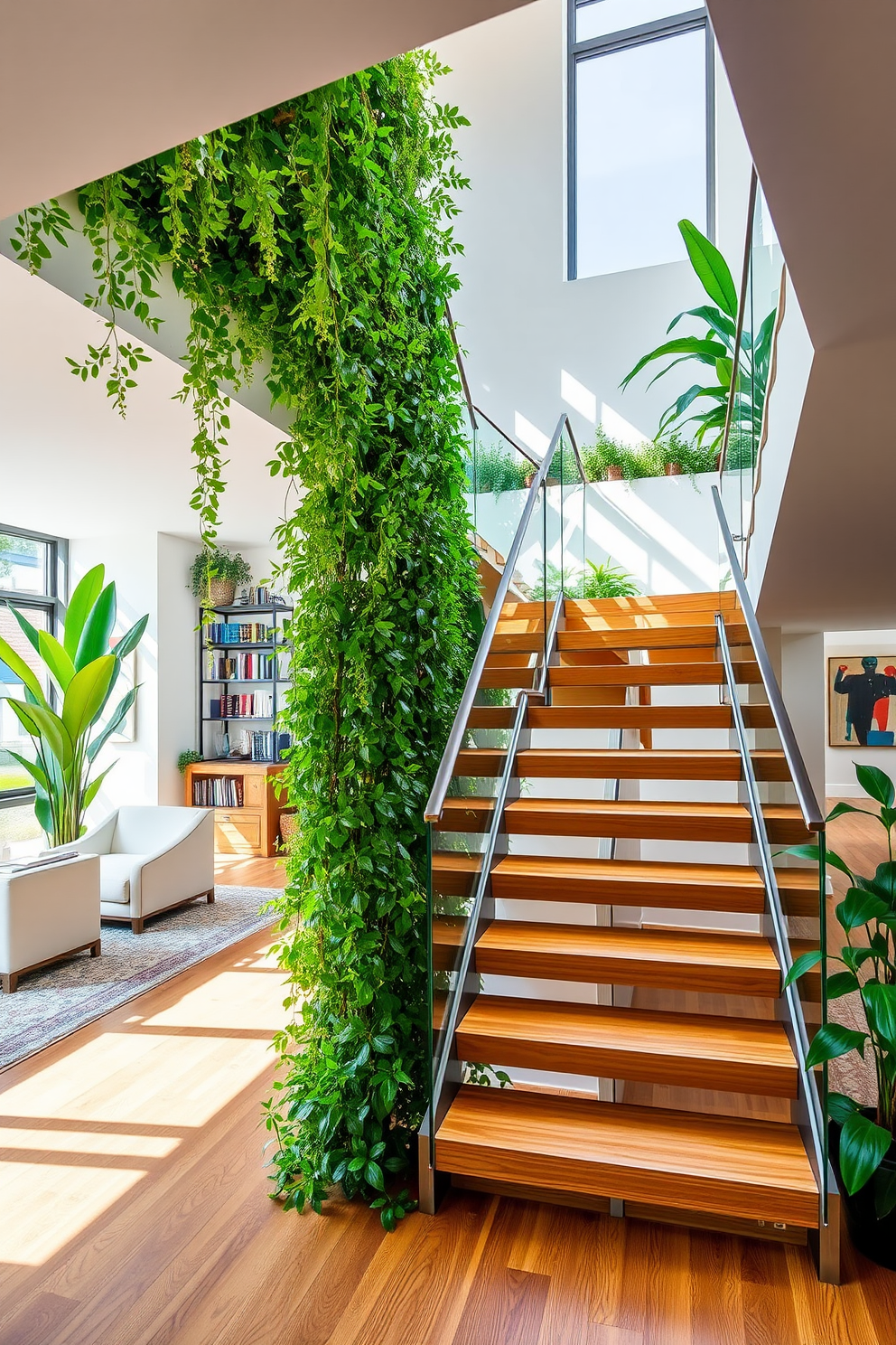 A minimalist staircase with a natural wood finish gracefully ascends in the living room. The open design features sleek lines and is complemented by soft ambient lighting that highlights the beauty of the wood. Surrounding the staircase, the living room showcases a blend of modern furnishings and subtle decor. Large windows allow natural light to flood the space, creating an inviting atmosphere.