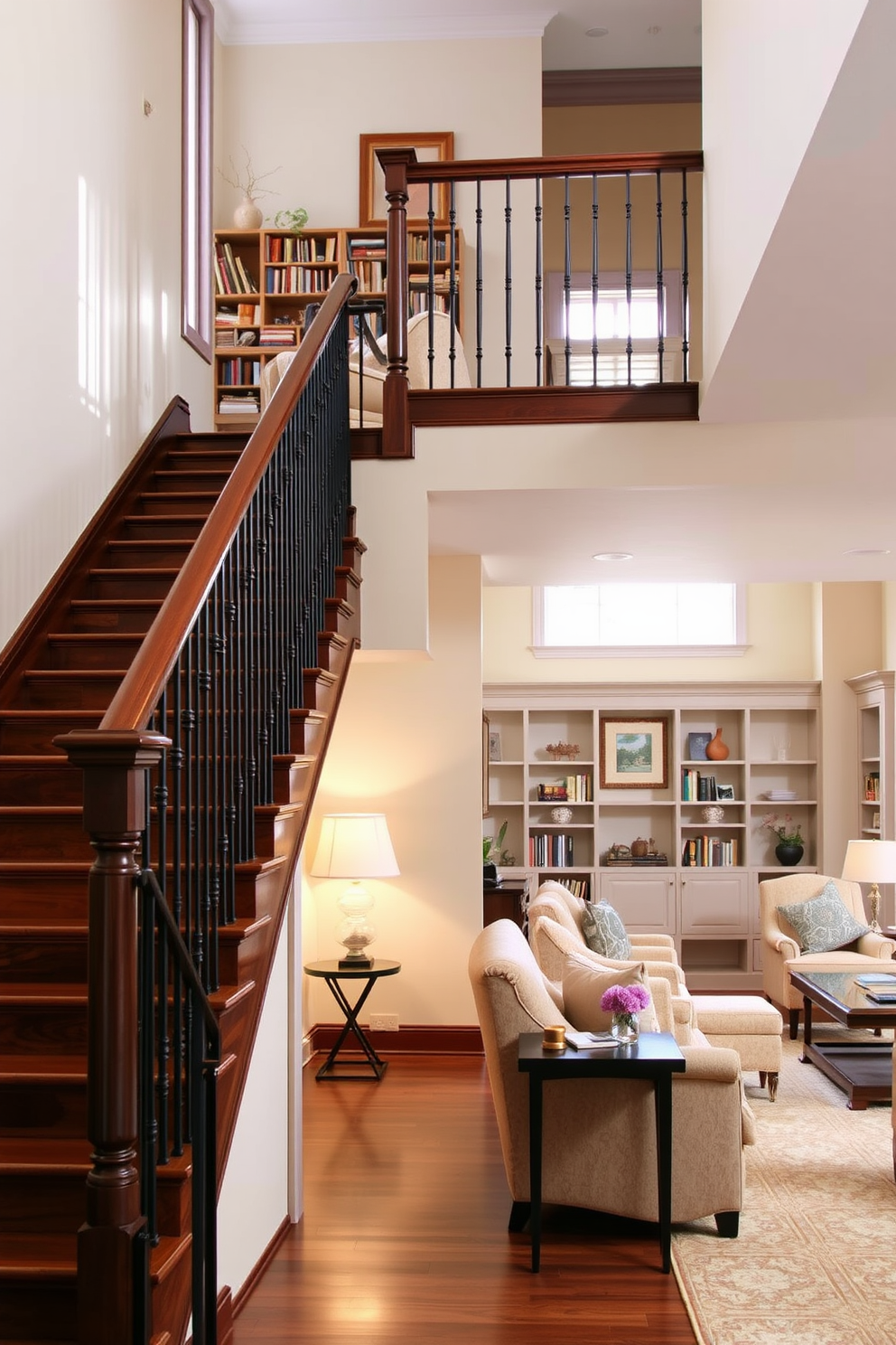 A beautifully designed staircase with wooden steps and an elegant railing leads to a cozy reading nook. The nook features a plush armchair, a small side table, and a built-in bookshelf lined with an array of books, all bathed in warm natural light from a nearby window. The living room showcases an open layout with a grand staircase as a focal point. Soft neutral tones adorn the walls, complemented by stylish furniture and decorative accents that create a welcoming atmosphere.