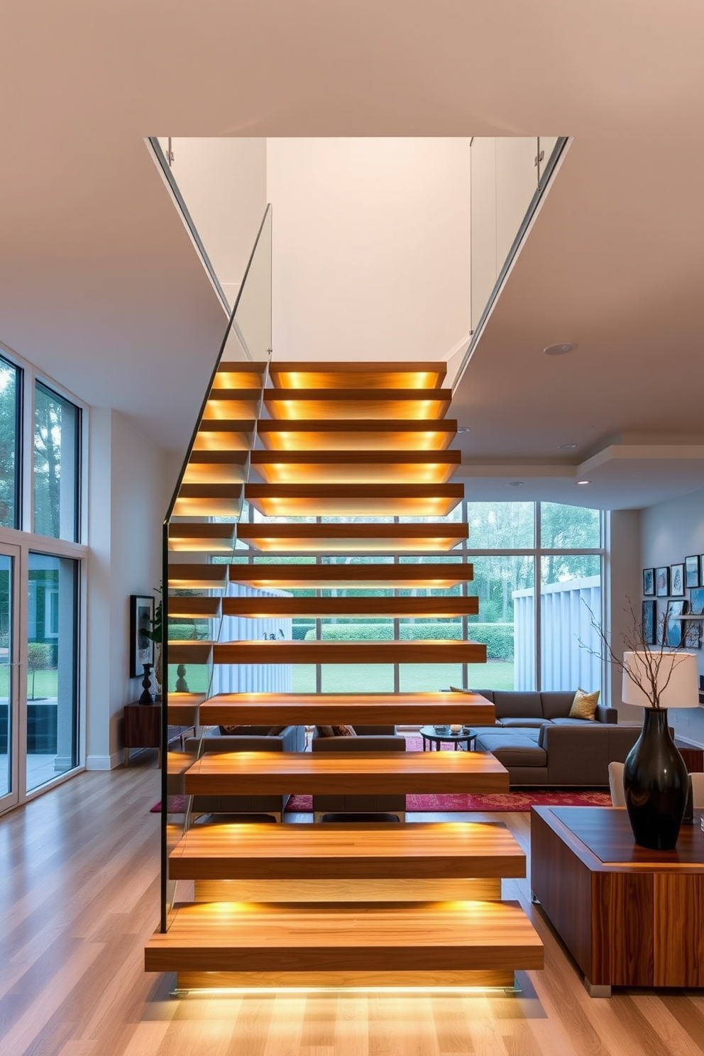 A contemporary staircase with an asymmetrical design that features floating wooden steps and a sleek glass railing. The staircase is illuminated by recessed lighting, creating a dramatic effect in the living room. The living room showcases a blend of modern furniture and artistic decor elements. Large windows allow natural light to flood the space, highlighting the unique staircase as a focal point.