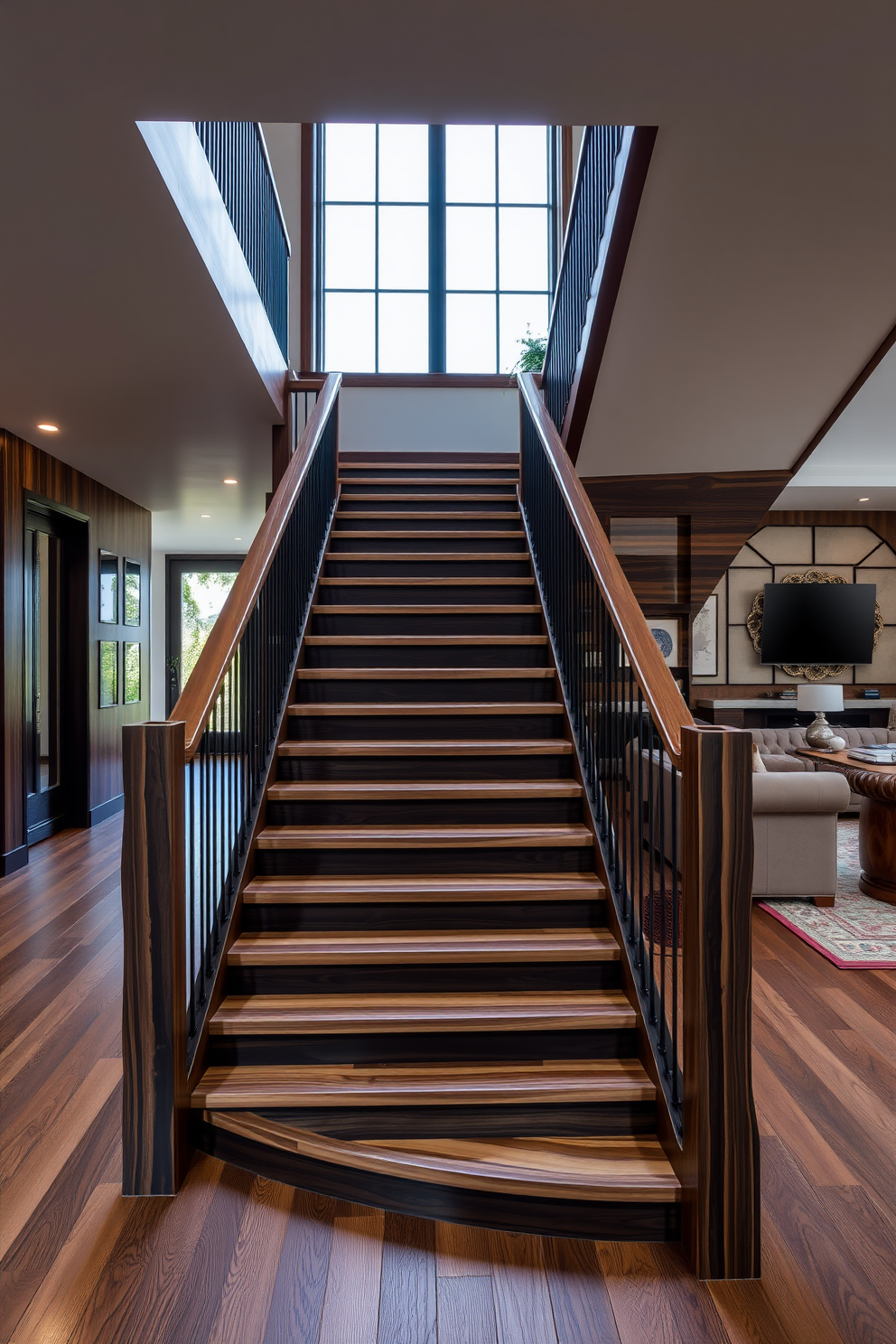 A grand staircase ascends gracefully, adorned with a bold statement chandelier that cascades light throughout the space. The staircase features rich wooden steps and an elegant wrought iron railing, creating a stunning focal point in the living room. The living room is designed with a harmonious blend of modern and classic elements, showcasing plush seating arrangements and tasteful decor. Large windows allow natural light to flood the room, enhancing the warmth of the wooden staircase and chandelier.