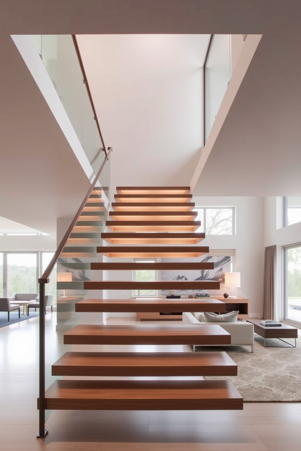 A stunning floating staircase with sleek wooden steps appears to defy gravity, illuminated by soft LED lighting that casts a warm glow underneath. This centerpiece is situated in a spacious living room, featuring large windows that allow natural light to flood the space, enhancing the modern aesthetic.