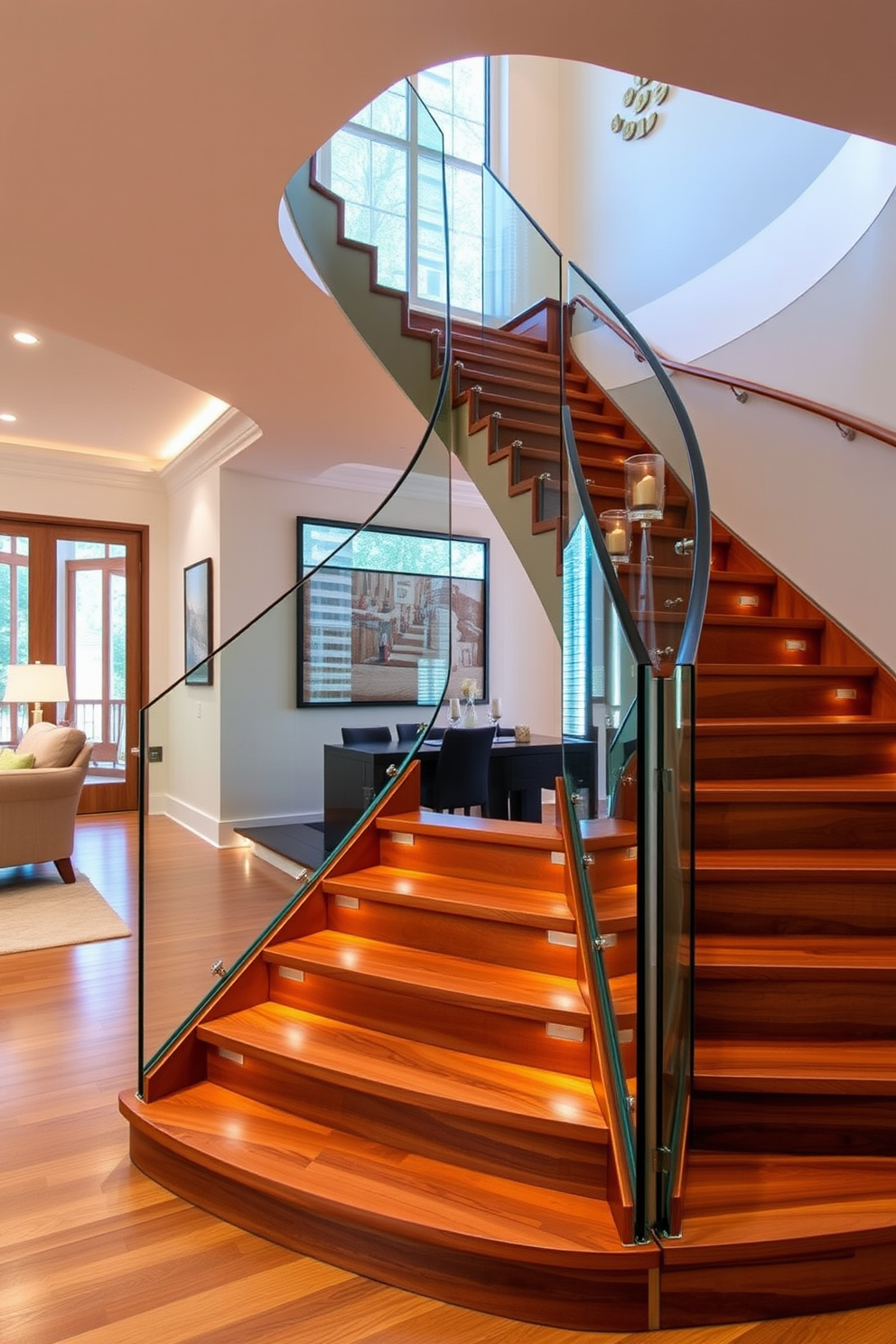 Elegant staircase with curved handrail design. The staircase features a rich mahogany finish with intricate carvings along the handrail, creating a classic and inviting atmosphere. Staircase in Living Room Design Ideas. The living room showcases an open layout with the staircase as a focal point, adorned with soft lighting and a plush runner that complements the surrounding decor.