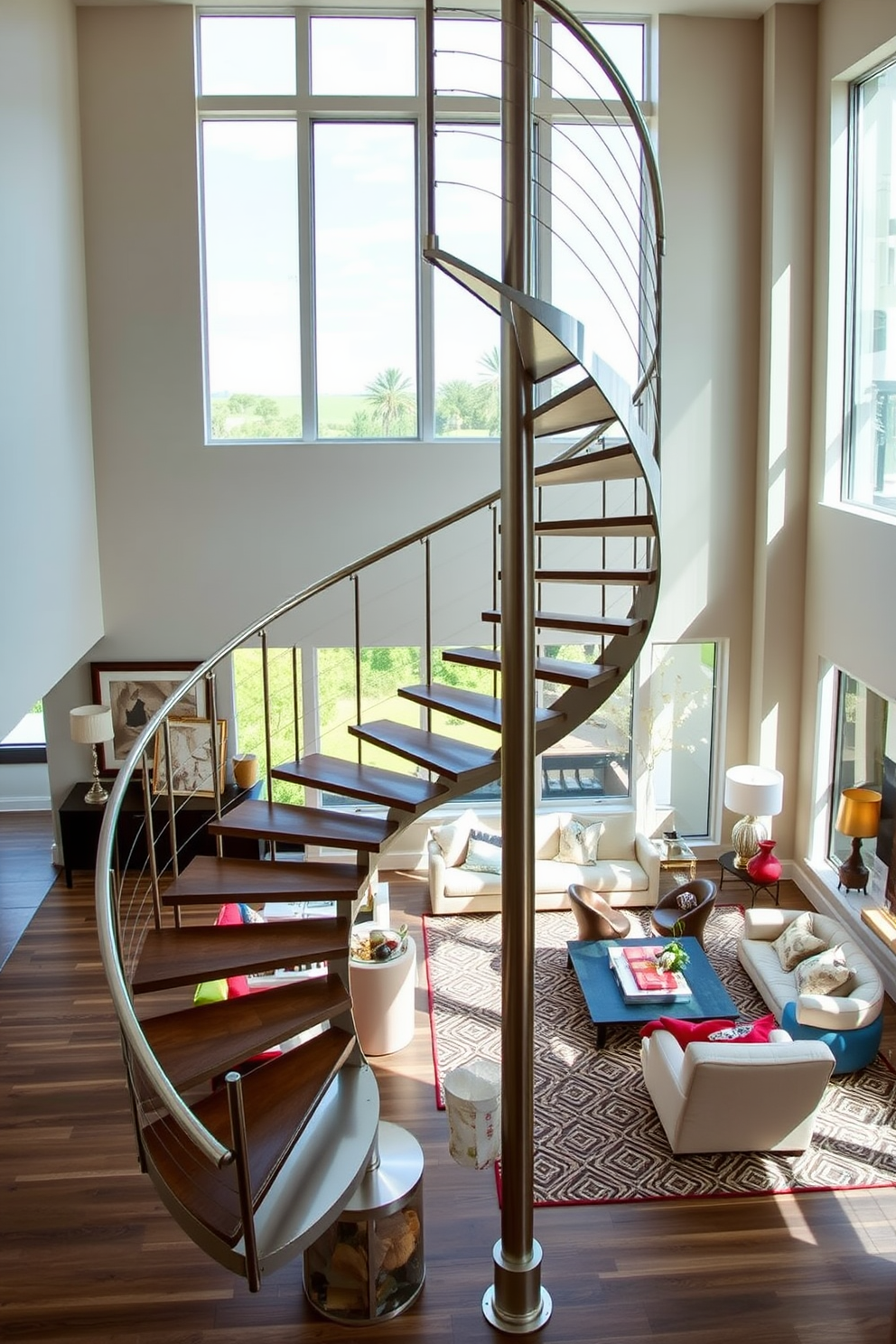 A stunning spiral staircase with a sleek modern metal finish gracefully ascends to the upper level. The staircase features open risers and a minimalist handrail, creating an airy feel that complements the contemporary living room design. Surrounding the staircase, the living room boasts a blend of neutral tones and vibrant accents. Large windows allow natural light to flood the space, highlighting the elegant furniture arrangement and stylish decor.