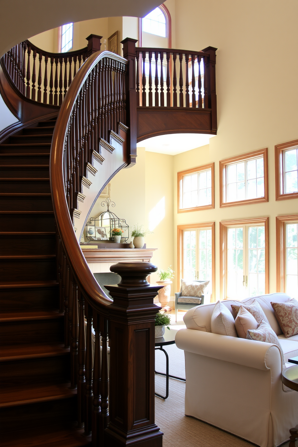 A traditional wooden staircase with a detailed banister gracefully curves upward. The staircase is adorned with intricate carvings and a rich mahogany finish, creating a warm and inviting focal point in the living room. The living room features a cozy seating arrangement with plush sofas and elegant throw pillows. Large windows allow natural light to flood the space, highlighting the staircase's craftsmanship and enhancing the overall ambiance.