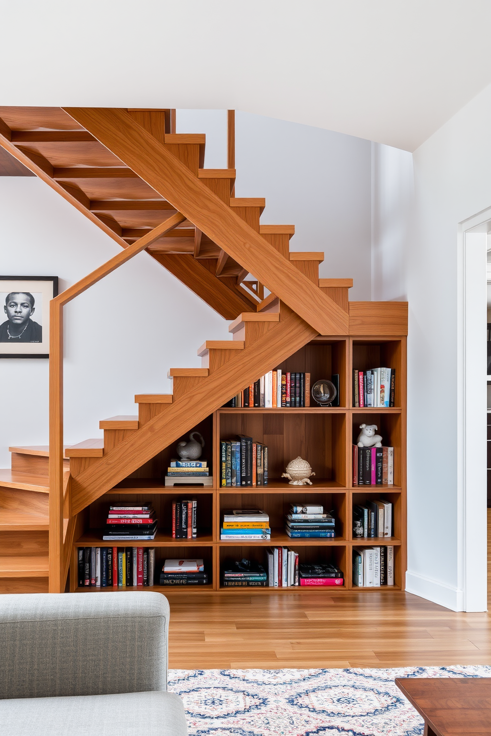 A modern living room featuring a staircase with integrated bookshelves underneath. The staircase is crafted from sleek wood with a minimalist design, while the bookshelves are filled with an array of colorful books and decorative items.