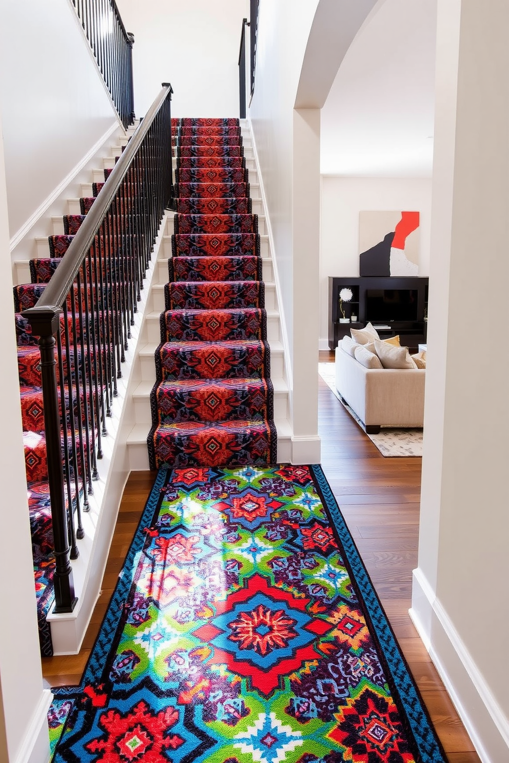 A bold patterned carpet runner adorns the staircase, featuring vibrant colors and geometric designs that create a striking visual impact. The staircase is elegantly framed by a modern railing, and the surrounding walls are painted in a soft neutral tone to enhance the runner's boldness. The living room design showcases an open layout with large windows allowing natural light to flood the space. Plush seating arrangements and contemporary art pieces complement the staircase, creating a cohesive and inviting atmosphere.