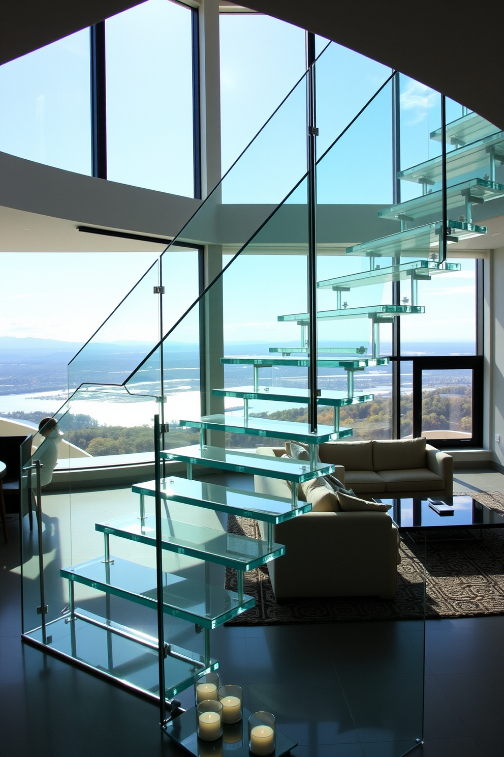 A stunning glass staircase serves as a focal point in a contemporary living room. The staircase features sleek, transparent panels and minimalist metal railings, allowing light to flow freely and create an airy atmosphere. In the living room, large windows frame a breathtaking view, enhancing the modern aesthetic. The space is adorned with stylish furniture pieces, including a plush sectional sofa and an elegant coffee table, complementing the glass staircase beautifully.