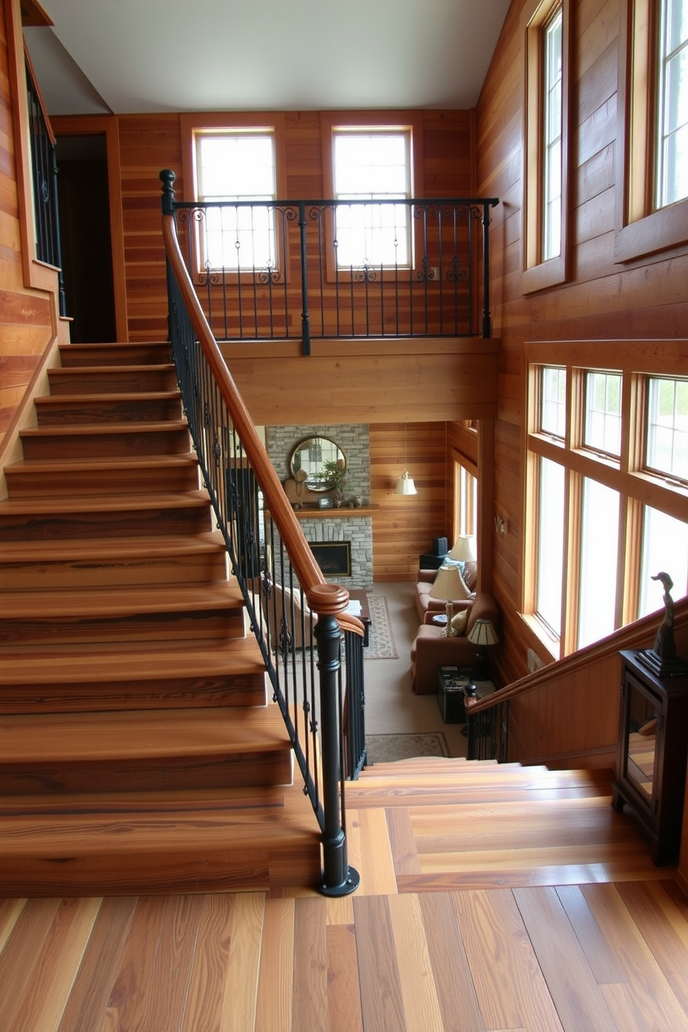 A traditional staircase with rich wood tones is the focal point of the living room, showcasing intricate balusters and a polished handrail. The staircase is framed by warm lighting that highlights the craftsmanship of the wood and complements the cozy ambiance of the space. The living room features an inviting layout with plush seating arranged around a central coffee table. Large windows allow natural light to flood in, creating a bright and airy atmosphere that enhances the elegance of the traditional staircase.