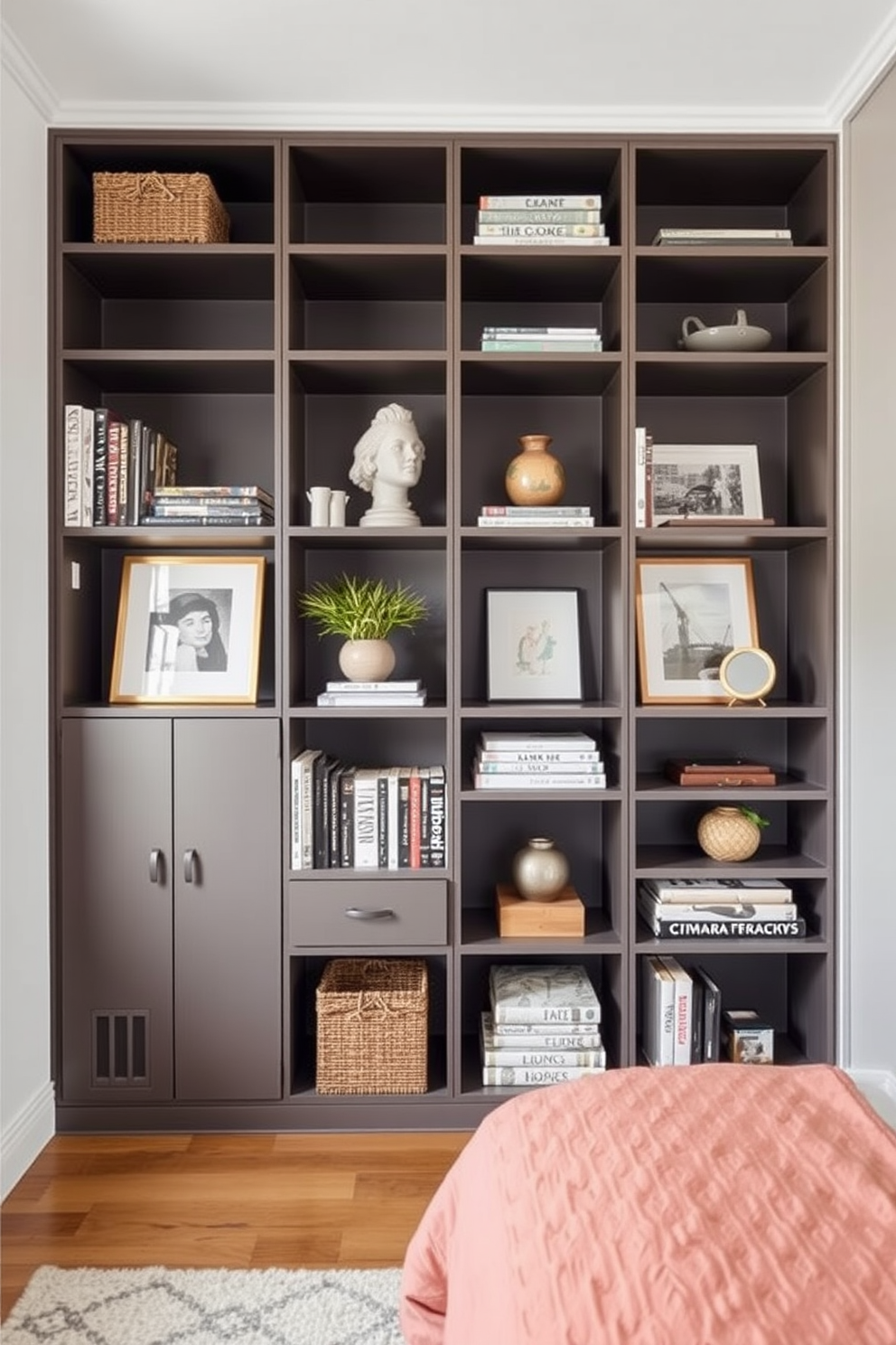 Maximize vertical storage with shelves in a cozy studio apartment. The walls are adorned with sleek, modern shelving units that display books and decorative items, creating an organized yet stylish atmosphere. Incorporate a multifunctional furniture piece that doubles as a workspace. A compact desk is positioned near a window, allowing for natural light to illuminate the area while maintaining a minimalist aesthetic.