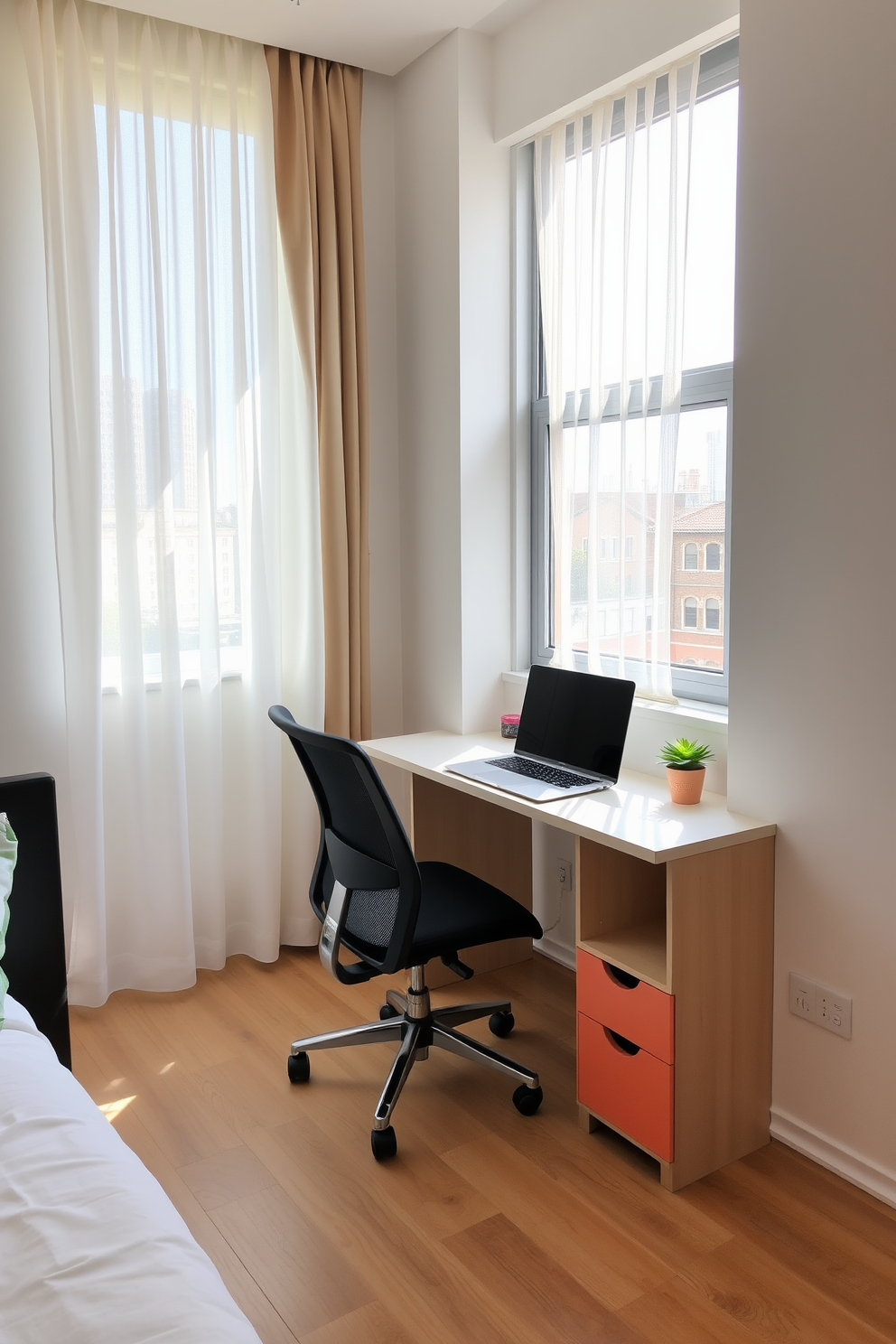 A compact workspace setup in a studio apartment features a sleek desk positioned against a wall, complemented by a comfortable ergonomic chair. Natural light floods the space through a large window adorned with sheer curtains, creating an inviting atmosphere for productivity. To maximize functionality, the desk includes built-in shelves for organization and a small potted plant for a touch of greenery. The color palette consists of soft neutrals with pops of vibrant accents, enhancing the overall aesthetic while maintaining a cozy feel.