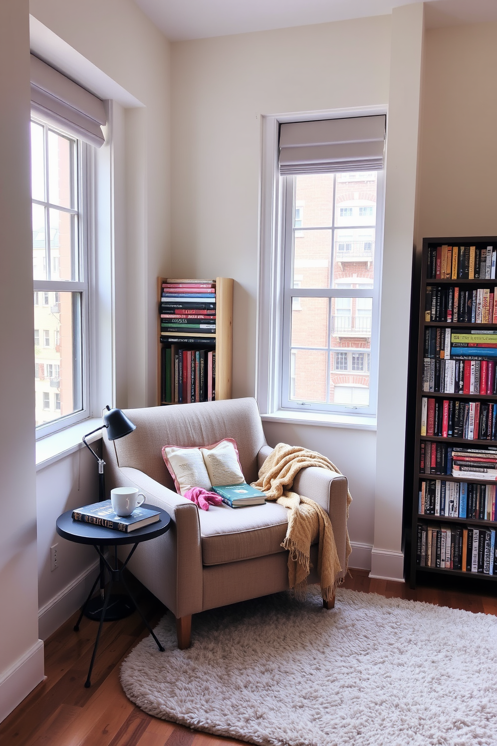 A compact desk is placed against a wall in a cozy studio apartment, featuring a sleek design with clean lines and a natural wood finish. Above the desk, a wall-mounted shelf displays decorative items and provides additional storage, while a comfortable chair complements the workspace with a modern touch.