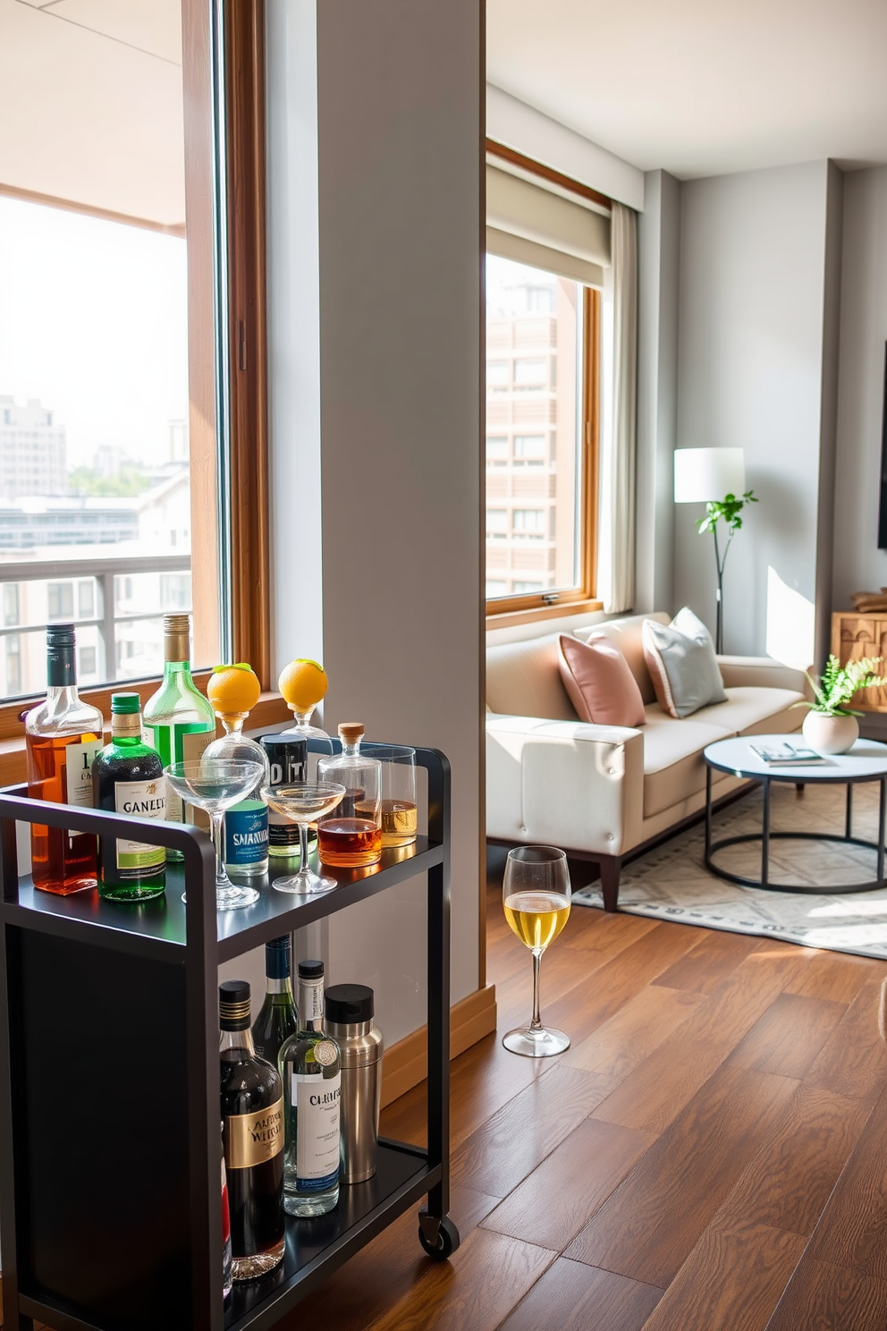 A modern studio apartment featuring open shelving for kitchen storage. The shelves are made of light wood and display an array of stylish dishware and plants. In the living area, a cozy sectional sofa is positioned next to a large window with sheer curtains. A small dining table with minimalist chairs complements the open layout and enhances the space's functionality.