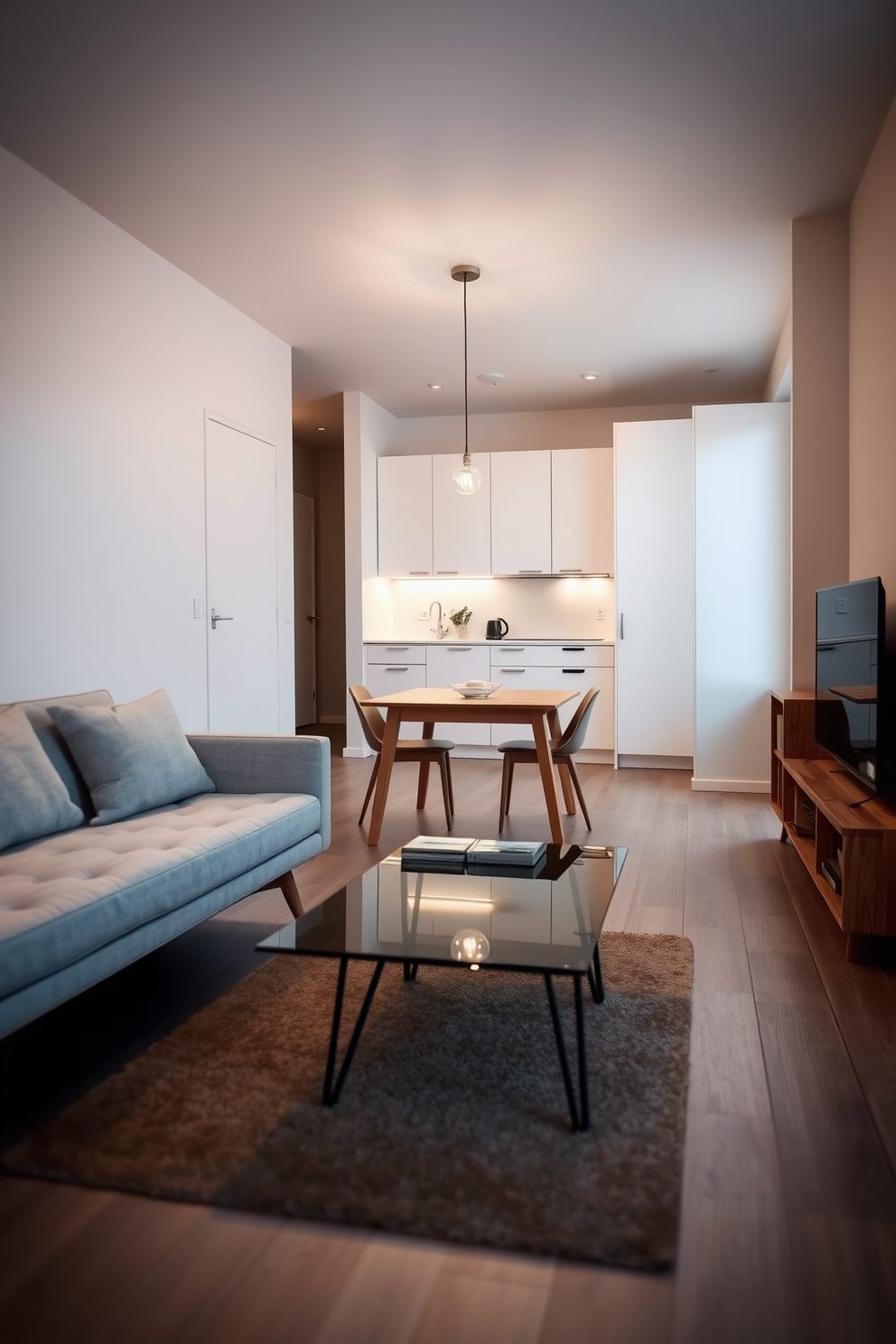 A stylish studio apartment featuring furniture with exposed legs to create an airy atmosphere. The living area includes a light gray sofa with wooden legs paired with a glass coffee table that enhances the sense of space. The kitchen area showcases sleek white cabinetry and a small dining table made of natural wood with metal legs. Soft pendant lighting hangs above the table, adding warmth to the minimalist design. A cozy sleeping nook is defined by a low-profile bed with a wooden frame, dressed in neutral linens. A small bookshelf with open shelving is placed nearby, providing both storage and a decorative element.