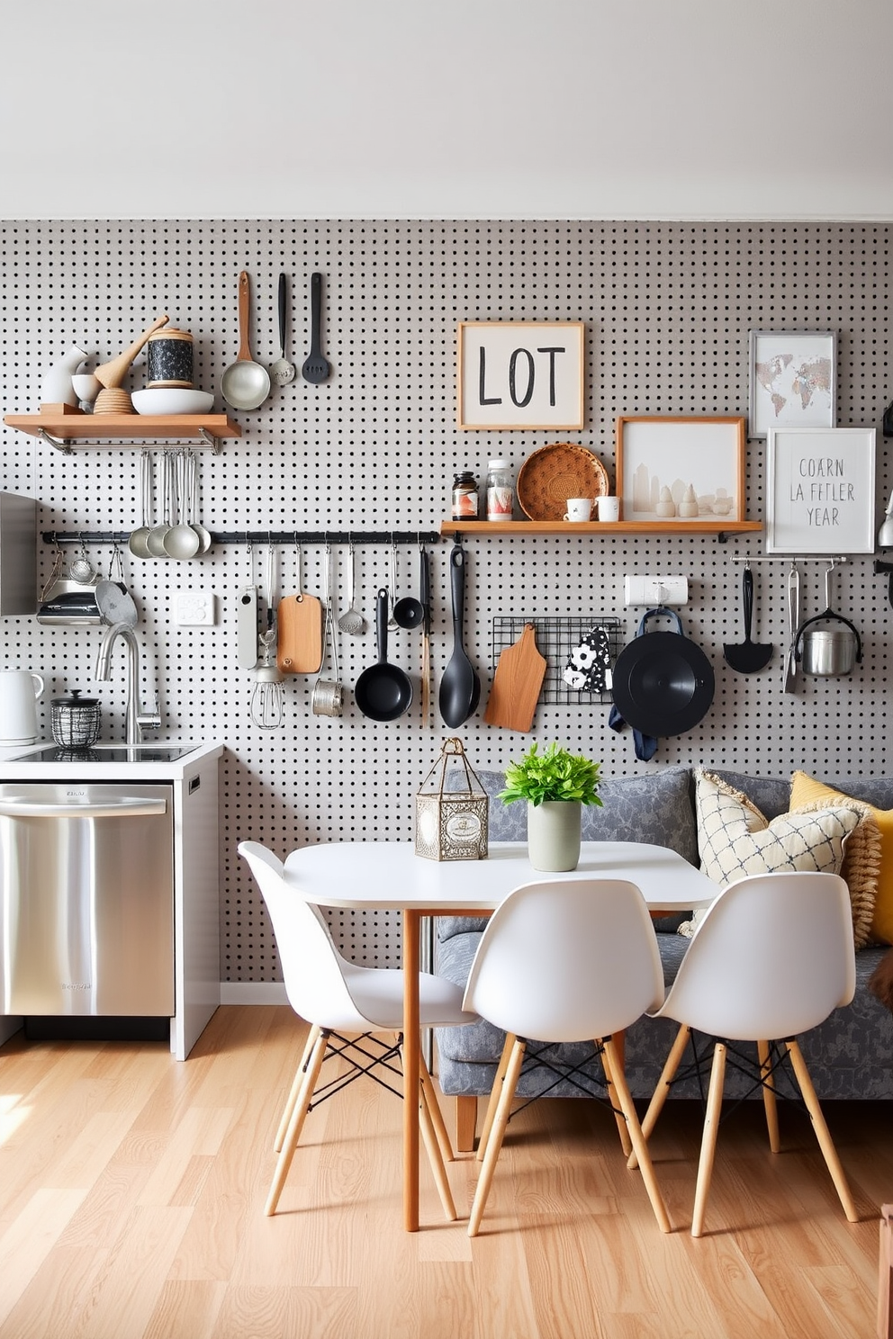 A modern studio apartment featuring a pegboard wall for organization. The pegboard is adorned with various hooks and shelves displaying plants, tools, and accessories, creating a functional and stylish workspace. The living area includes a cozy sofa that doubles as a bed, positioned next to a small dining table. The space is accented with warm lighting and colorful artwork, making it inviting and vibrant.