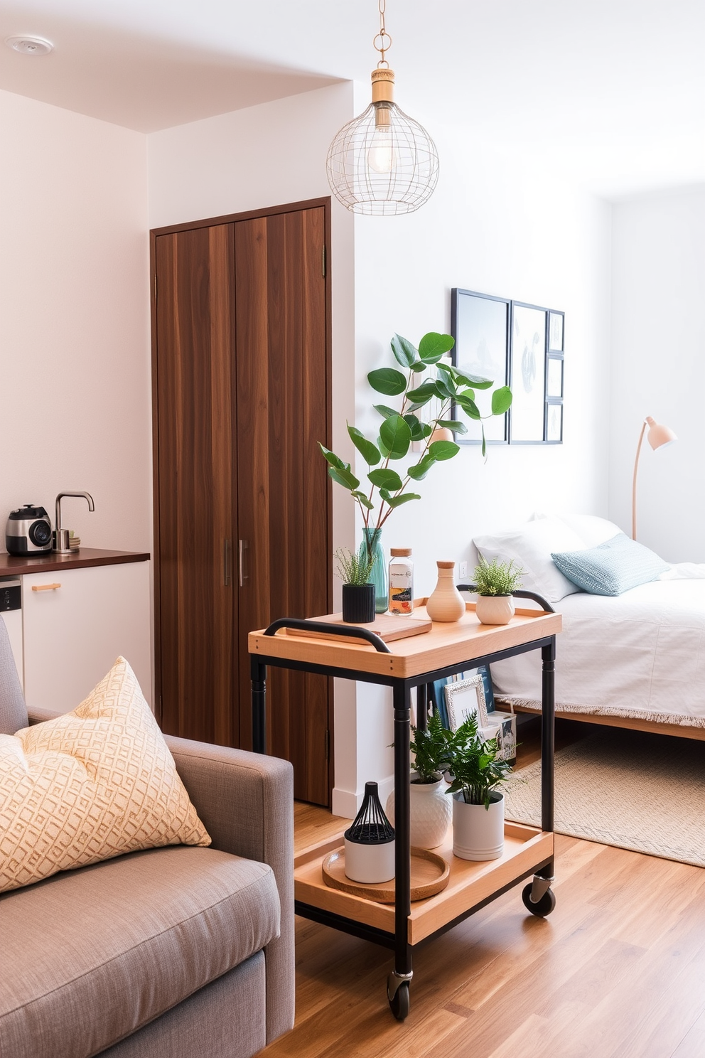 A stylish studio apartment featuring a rolling cart that serves as a multifunctional piece for dining and storage. The space is decorated in a modern aesthetic with a cozy seating area, a compact kitchen, and a sleeping nook that maximizes functionality. The rolling cart is adorned with plants and decorative items, enhancing the overall decor while providing easy access to essentials. The color palette consists of soft neutrals with pops of color, creating a warm and inviting atmosphere.