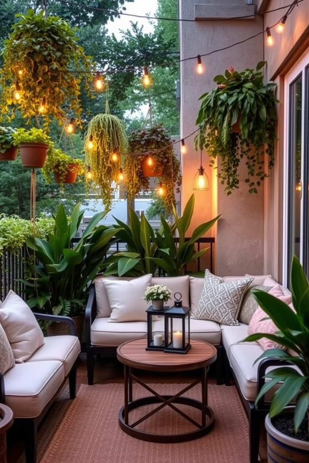 Create a cozy balcony or patio space that features a comfortable seating area with plush cushions and a small coffee table. Surround the area with lush greenery and hanging plants to create a serene atmosphere. Incorporate warm lighting with string lights overhead and lanterns on the table for an inviting glow. Add a soft outdoor rug to define the space and provide a touch of comfort underfoot.