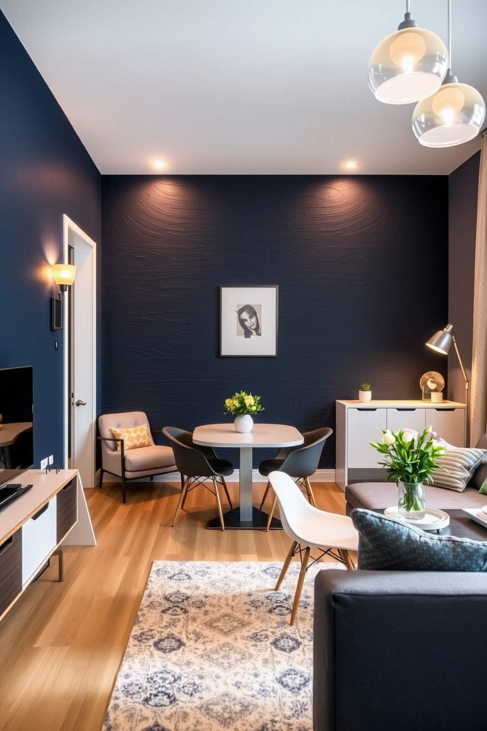 Create a studio apartment that features a bold accent wall painted in deep navy blue. The space should include modern furniture with clean lines and a cozy seating area that invites relaxation. Incorporate a stylish dining table that doubles as a workspace, surrounded by contemporary chairs. Use warm lighting fixtures to enhance the ambiance and highlight the textures of the accent wall.