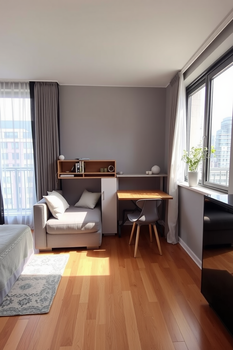 A modern studio apartment featuring a versatile foldable desk that can be easily tucked away when not in use. The space is designed with a cozy living area that includes a comfortable sofa and a small dining table adjacent to the desk. Natural light floods the room through large windows dressed with sheer curtains. The walls are painted in a soft gray tone, and the flooring is a warm wood finish that adds a touch of elegance.