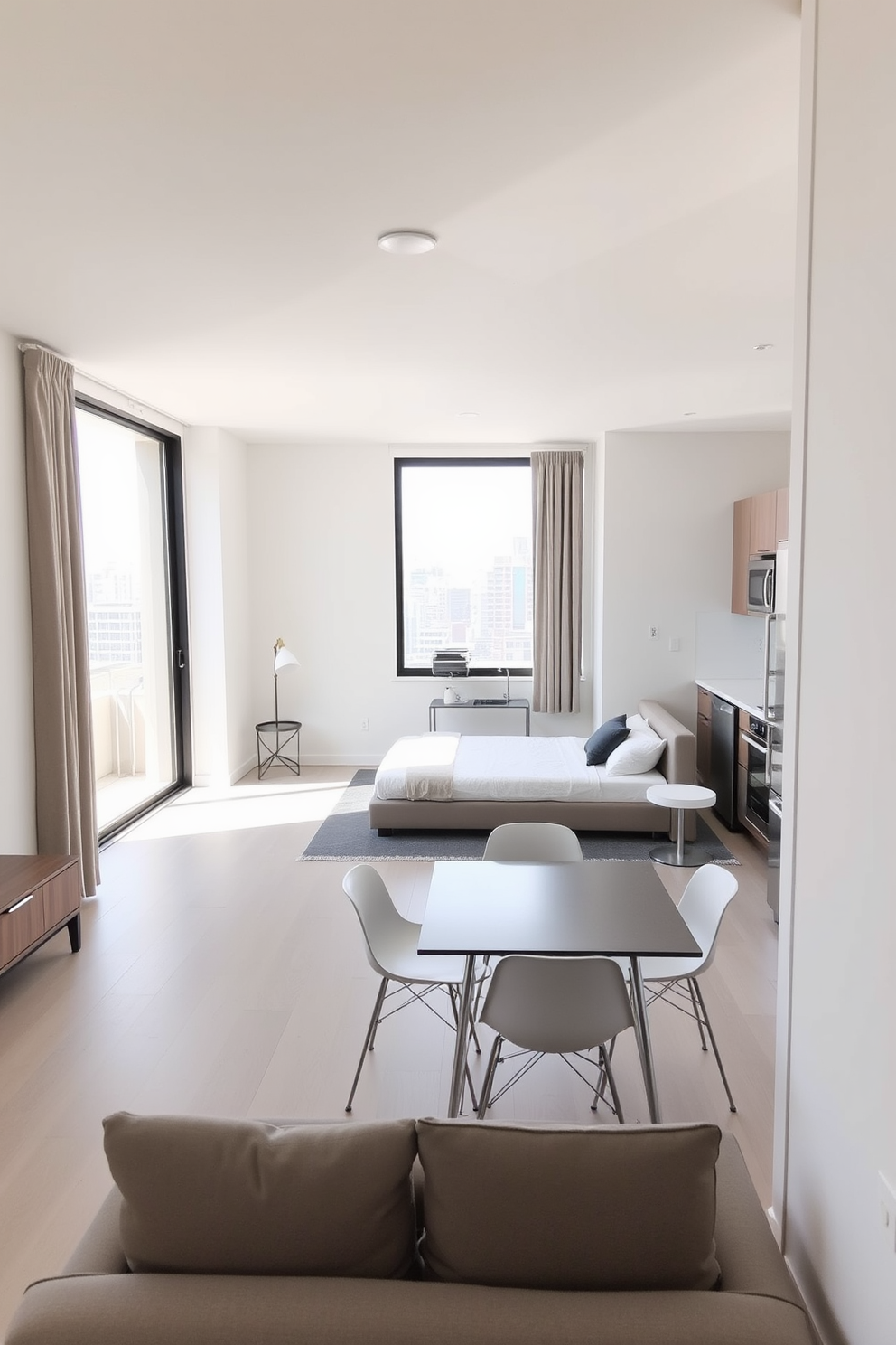 A spacious studio apartment featuring an open layout with clean lines and a neutral color palette. The living area seamlessly transitions into the sleeping space, adorned with a sleek platform bed and a simple nightstand. Natural light floods the space through large windows, enhancing the airy feel. A small dining table with modern chairs sits adjacent to the kitchen, which boasts minimalist cabinetry and stainless steel appliances.