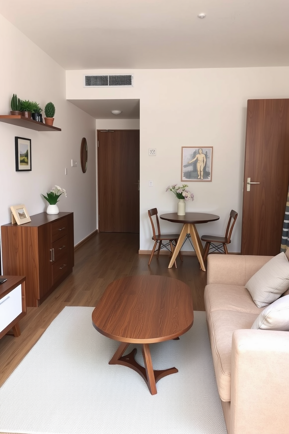 A cozy studio apartment featuring lightweight furniture that allows for easy rearranging. The space includes a compact sofa in a soft fabric, a small round dining table with two chairs, and a versatile coffee table that can double as extra seating.