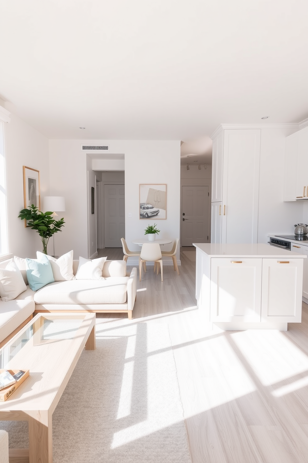 A bright and airy studio apartment featuring a light color palette with soft whites and pale blues. The living area includes a cozy sofa adorned with pastel cushions, complemented by a sleek coffee table made of glass and light wood. The kitchen area showcases white cabinetry with brass handles and a minimalist island that doubles as a dining space. A large window allows natural light to flood the space, enhancing the cheerful atmosphere of the apartment.