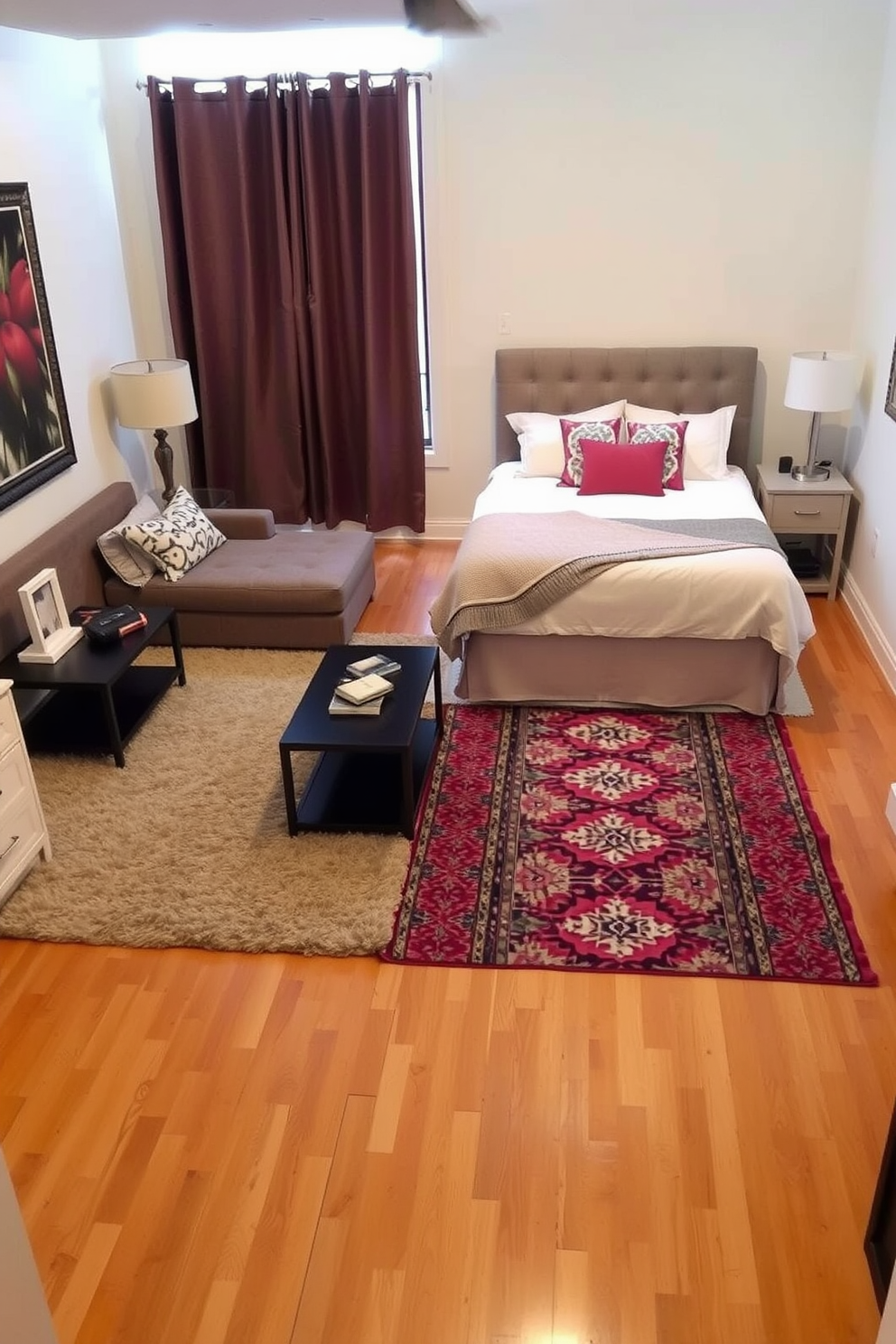 Create a cozy studio apartment that features distinct zones defined by area rugs. The living area has a plush, neutral-toned rug that anchors a small sofa and coffee table, while a vibrant patterned rug delineates the sleeping space with a stylish bed and bedside tables.