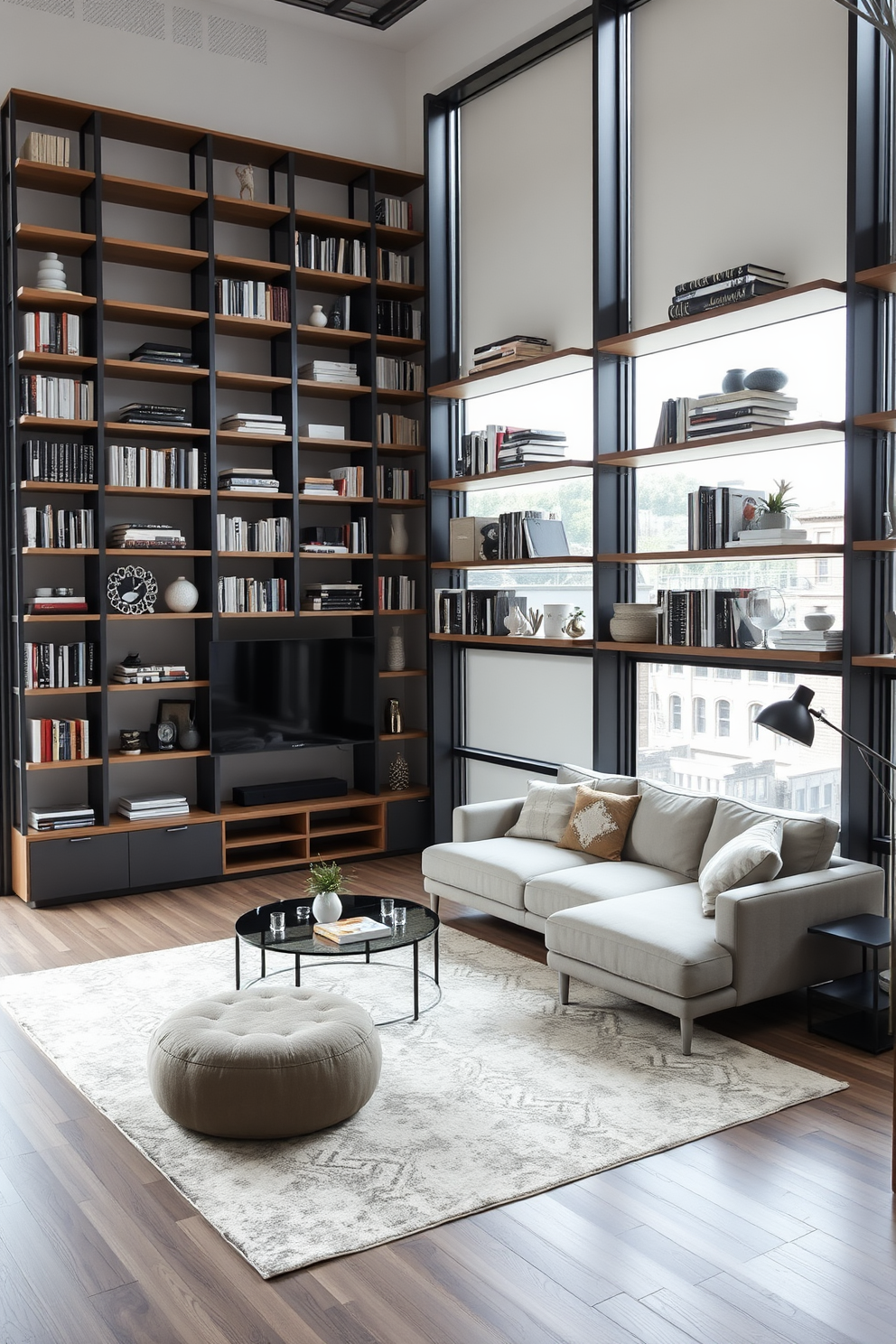 Maximize vertical space with shelves in a modern studio living room. The walls are adorned with sleek, minimalist shelving units filled with books and decorative items, creating an organized yet stylish atmosphere. Incorporate a cozy seating area featuring a plush sectional sofa in a neutral tone. A large area rug anchors the space, while floor-to-ceiling windows allow natural light to flood in, enhancing the open feel of the room.