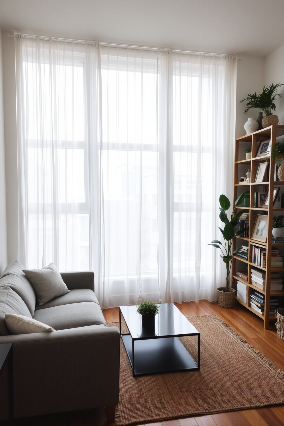 A stylish studio living room features a cozy seating area with a plush sectional sofa in soft gray fabric. Large windows are adorned with sheer white curtains that gently filter natural light while providing a sense of privacy. In the corner, a sleek coffee table sits atop a textured area rug, adding warmth to the space. A tall bookshelf filled with curated decor items and plants creates an inviting atmosphere, balancing functionality with aesthetic appeal.