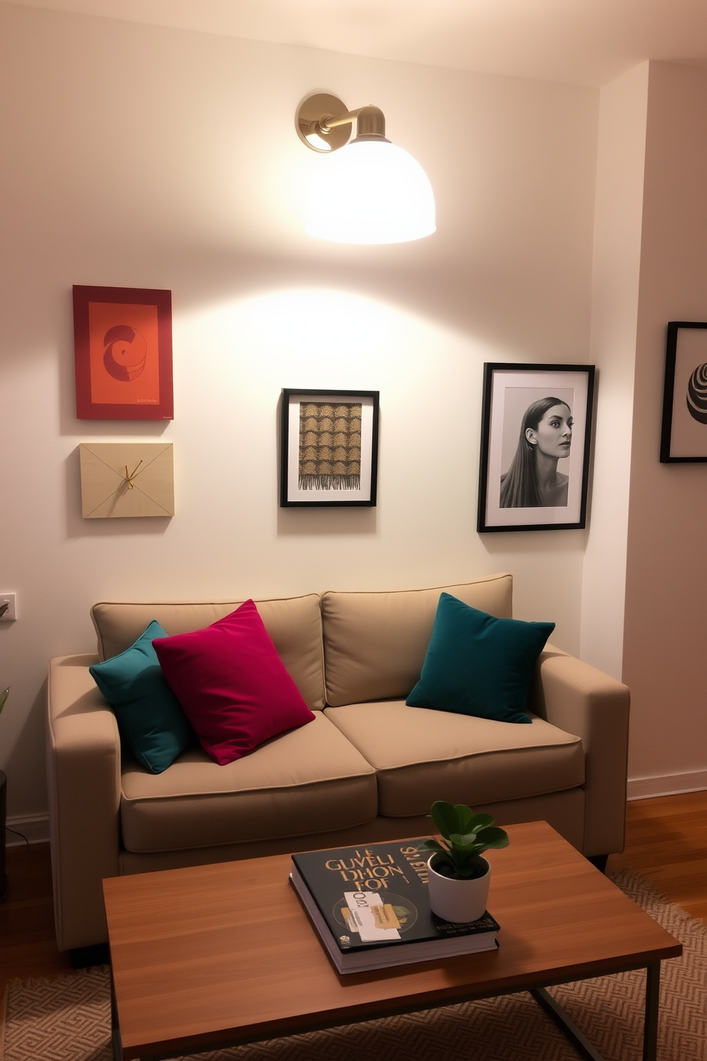 A cozy studio living room featuring a compact sofa in a neutral tone with vibrant throw pillows. A wall-mounted lighting fixture illuminates the space, creating an inviting ambiance while saving valuable floor space. The walls are adorned with modern art pieces that add character to the room. A small coffee table sits in front of the sofa, topped with a decorative book and a potted plant for a touch of greenery.