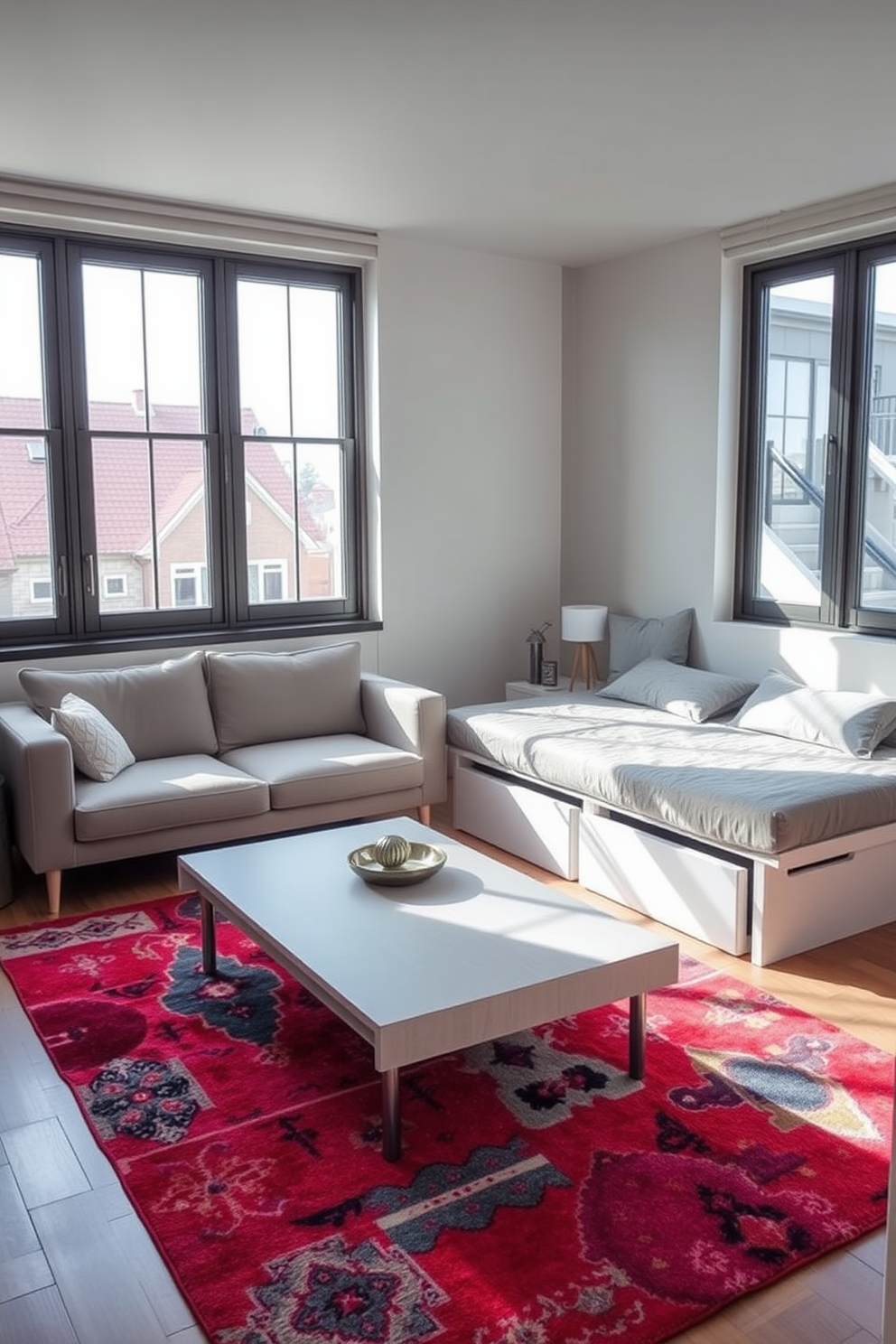 A cozy studio living room features a small round dining table set for two, adorned with a simple vase of fresh flowers. The space is designed with a comfortable sofa in a neutral tone, complemented by colorful throw pillows and a soft area rug beneath the table.