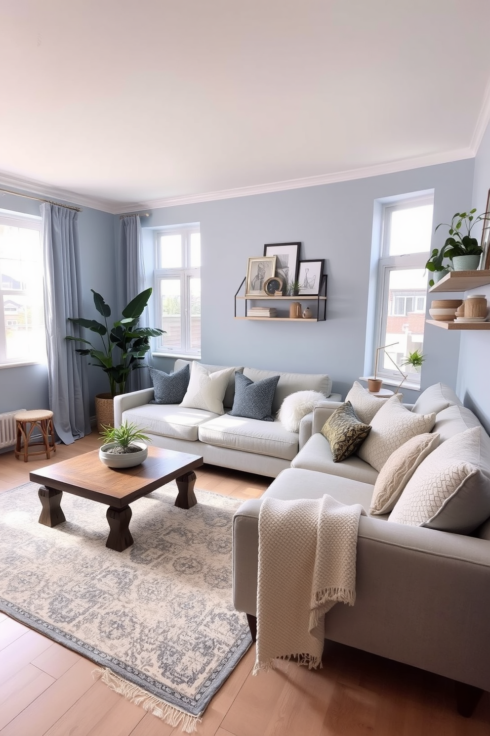 A cozy studio living room featuring a harmonious blend of soft blues and warm neutrals. The space includes a plush sectional sofa adorned with textured throw pillows, a rustic coffee table, and a stylish area rug that ties the color scheme together. Large windows allow natural light to flood the room, highlighting the light wood flooring and airy curtains. Decorative shelves display curated art pieces and plants, adding personality and vibrancy to the inviting atmosphere.