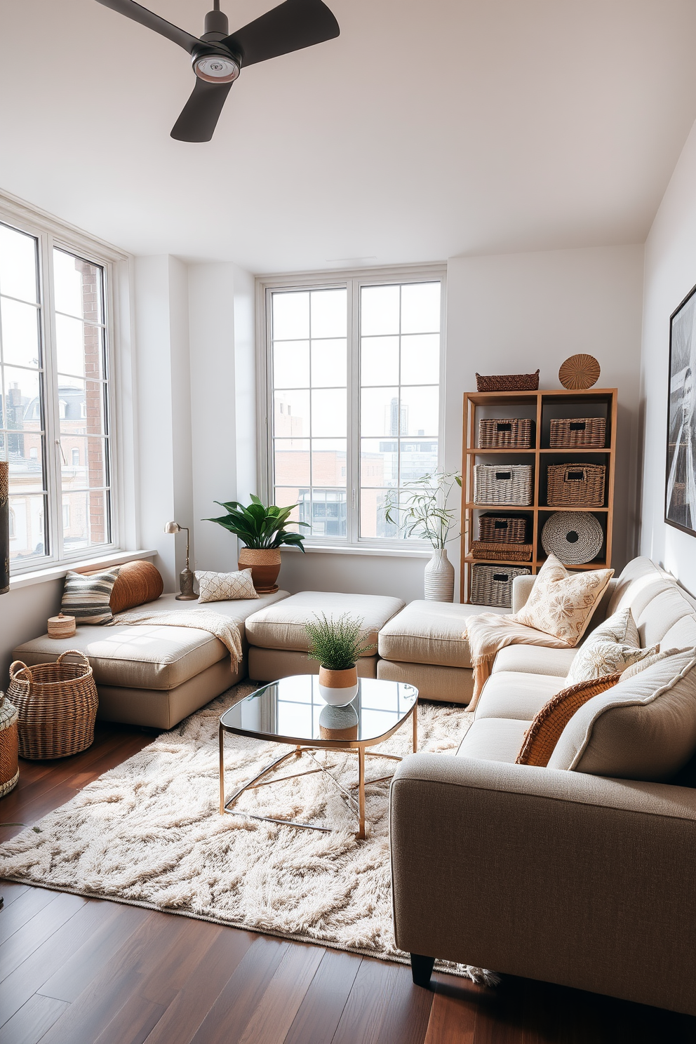 A stylish studio living room featuring a cozy seating area with a plush sectional sofa in a neutral tone. Decorative baskets are artfully arranged in the corner for organization, adding both functionality and charm to the space. The room is illuminated by large windows that allow natural light to flood in, enhancing the airy atmosphere. A chic coffee table sits in the center, complemented by a soft area rug that ties the whole design together.