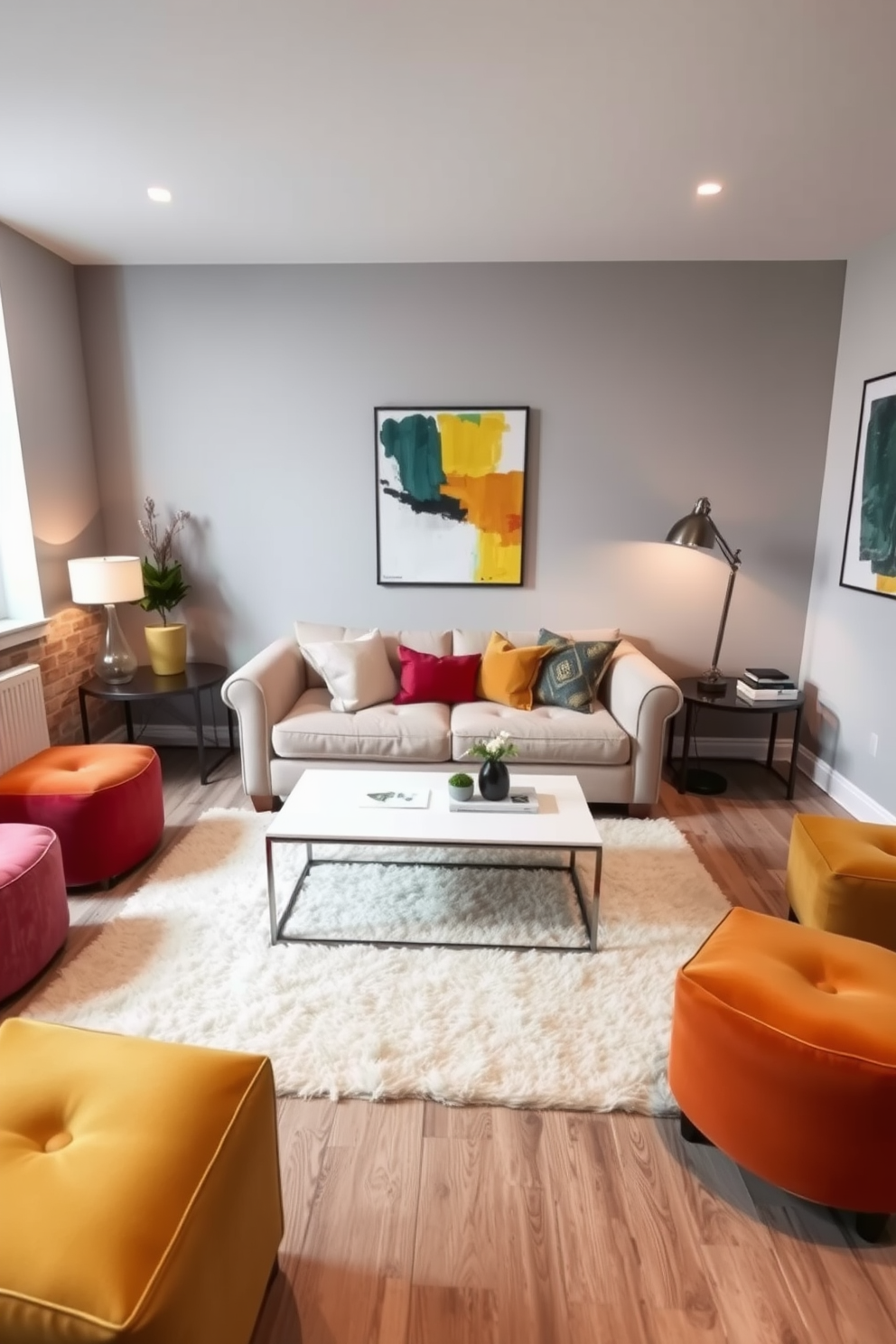 A stylish studio living room features a cozy seating arrangement with a plush sofa in a neutral tone. Scattered around the room are colorful ottomans that provide extra seating options and serve as functional decor pieces. The walls are adorned with abstract art, adding a modern touch to the space. A sleek coffee table sits in the center, complemented by a soft area rug that ties the room together.