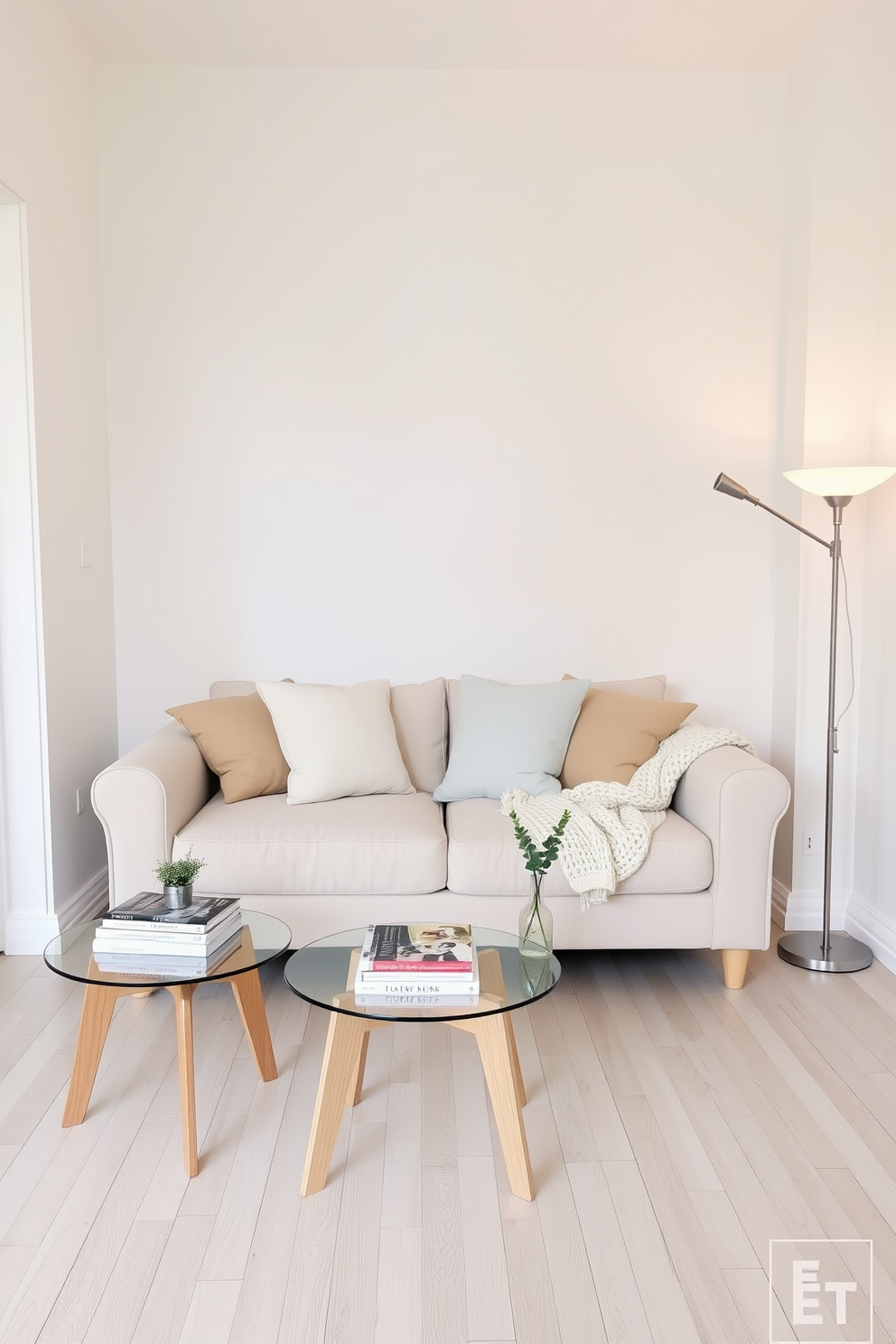 A bright and airy studio living room features soft white walls and light wood flooring that creates a spacious atmosphere. A plush beige sofa is positioned in the center, adorned with pastel-colored throw pillows and a cozy knitted blanket. In one corner, a small round coffee table made of glass and light wood holds a stack of art books and a delicate potted plant. A floor lamp with a slim design stands beside the sofa, providing warm light for a relaxed reading nook.