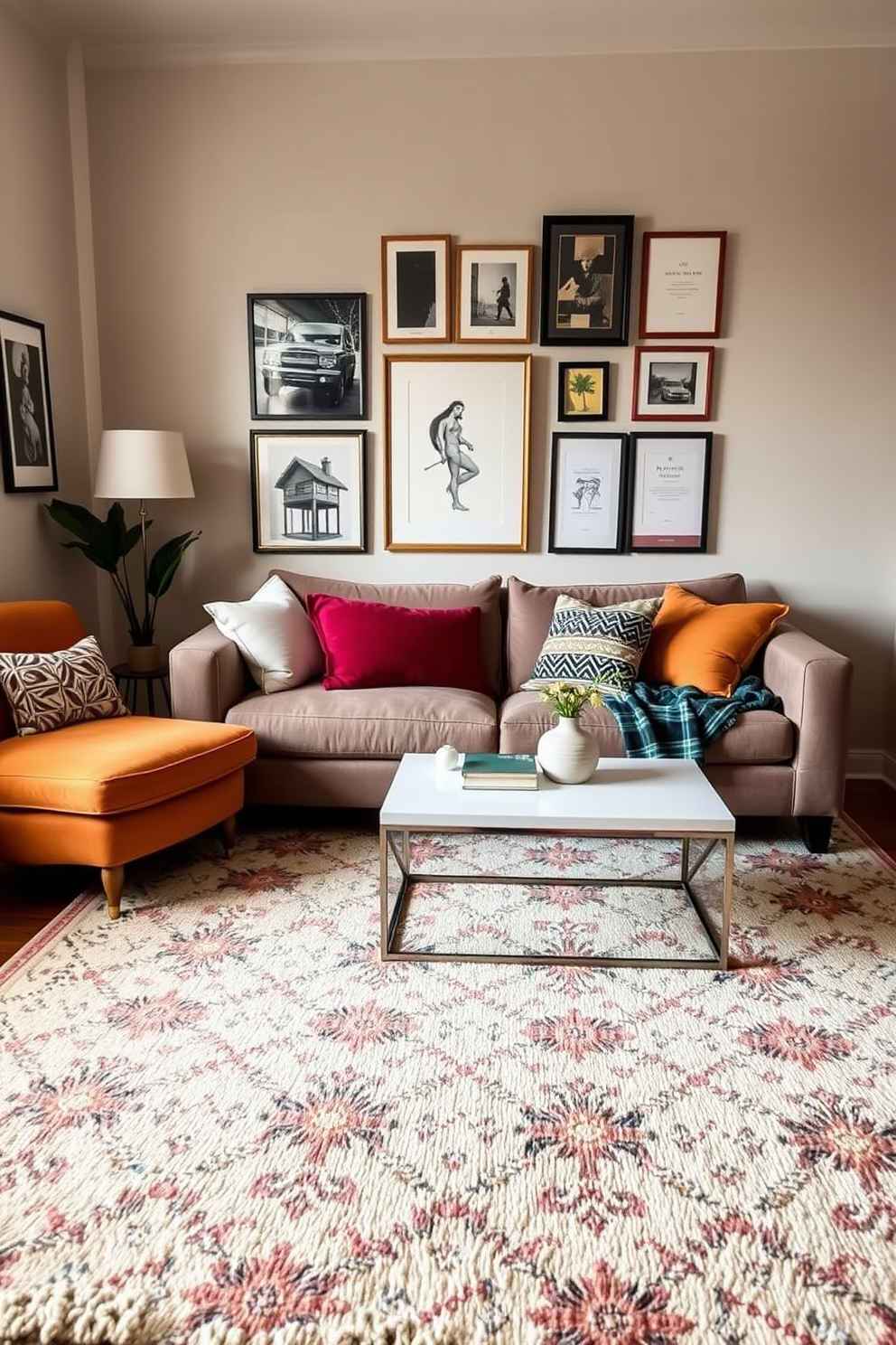 A cozy studio living room featuring a statement rug that adds warmth and texture to the space. The room includes a plush sofa with colorful throw pillows, a sleek coffee table, and a gallery wall adorned with framed artwork.