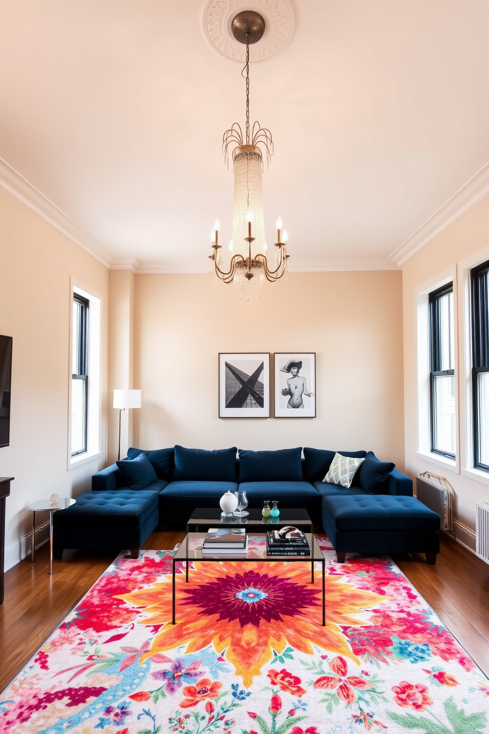 A stylish studio living room featuring a statement chandelier that hangs gracefully from the ceiling, casting a warm glow across the space. The walls are painted in a soft beige, complementing the rich wooden flooring and creating an inviting atmosphere. A plush sectional sofa in a deep navy blue is arranged around a sleek glass coffee table, adorned with art books and a decorative tray. Large windows allow natural light to flood the room, accentuating the vibrant area rug that ties the color scheme together.