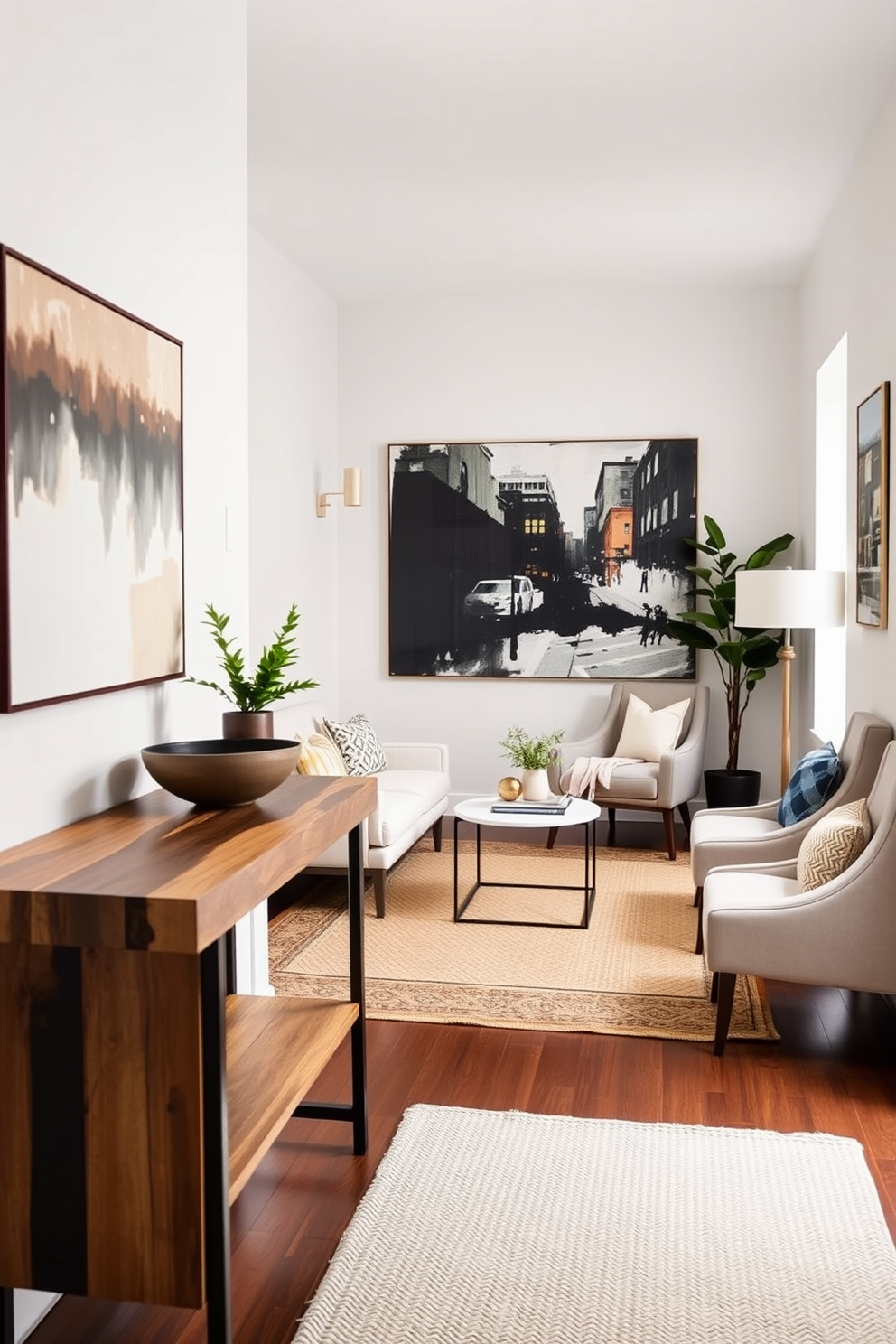 A cozy studio living room featuring a neutral rug that ties together the seating area. The space includes a plush sofa adorned with textured cushions, paired with a sleek coffee table made of glass and wood. Large windows allow natural light to flood the room, enhancing the warm tones of the decor. A gallery wall showcases a mix of art pieces, adding personality and charm to the inviting atmosphere.