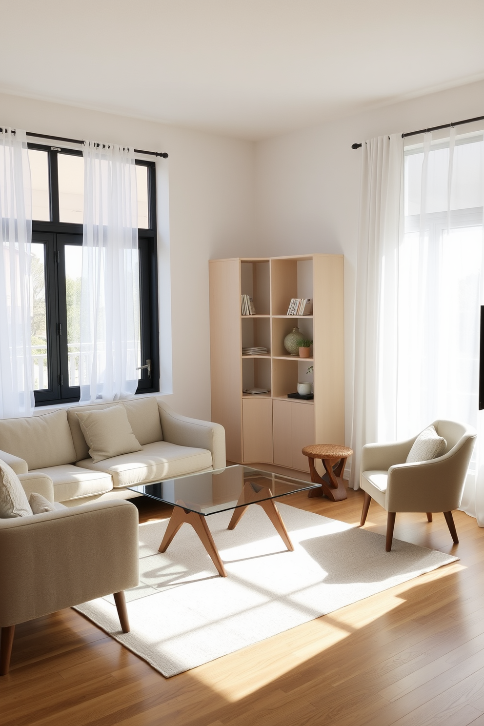 A bright and airy studio living room features a plush sofa with exposed wooden legs, creating a sense of openness in the space. A sleek glass coffee table sits in front of the sofa, accompanied by a pair of accent chairs with light fabric, enhancing the inviting atmosphere. Natural light floods the room through large windows adorned with sheer curtains, adding a soft glow to the space. A minimalist bookshelf with open shelving displays curated decor items, contributing to the uncluttered aesthetic.