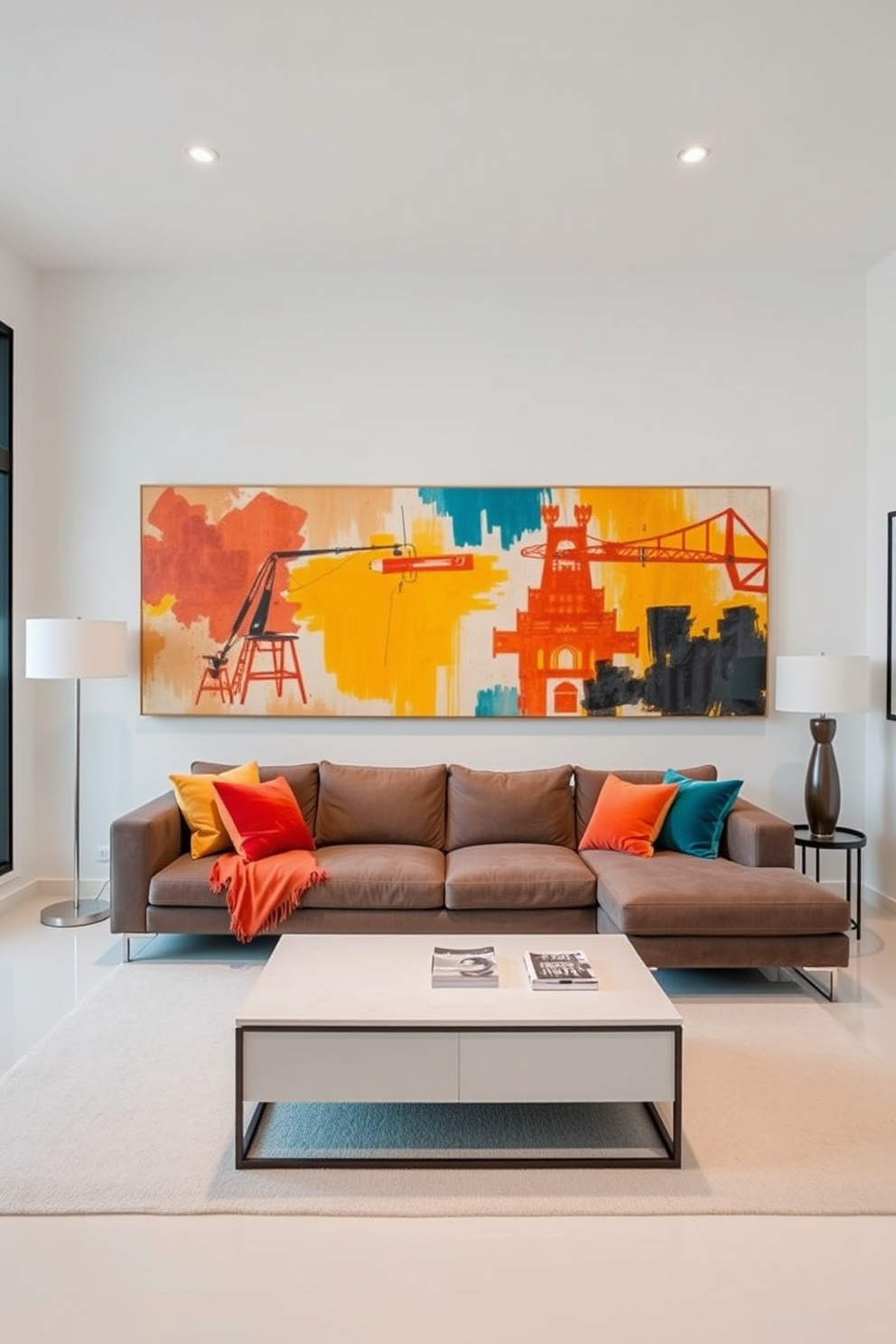 A spacious studio living room features a large piece of abstract art as a stunning backdrop, infusing the space with color and creativity. The room is designed with a cozy sectional sofa, accented by vibrant throw pillows, and a sleek coffee table in front, creating an inviting atmosphere for relaxation and entertainment.