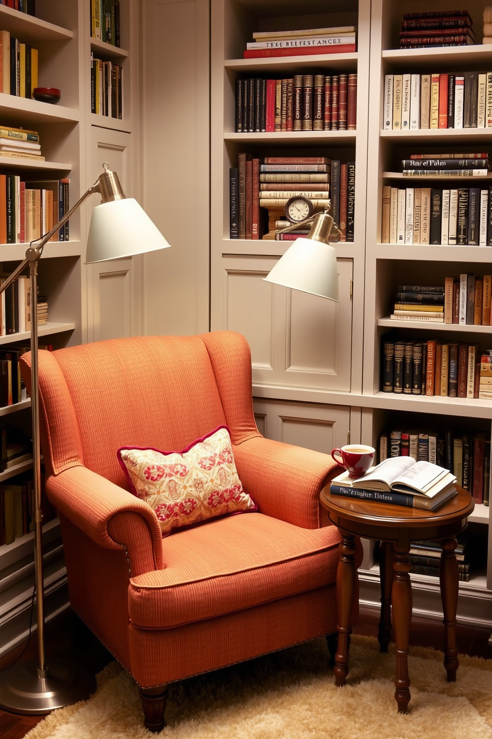 Create a cozy reading nook featuring a plush armchair upholstered in soft fabric with a warm color palette. Next to the chair, place a small wooden side table holding a stack of books and a steaming cup of tea. Incorporate a floor lamp with an adjustable arm to provide ample lighting for reading. Surround the nook with built-in shelves filled with books and decorative items, and add a soft area rug to enhance the inviting atmosphere.