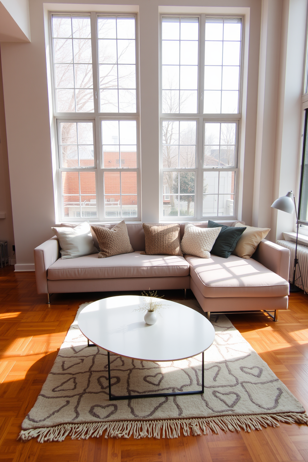 A neutral sofa is the centerpiece of the studio living room, providing a versatile foundation for various decor styles. Surrounding the sofa, a mix of textured cushions in soft hues adds comfort and visual interest. Natural light floods the space through large windows, illuminating the warm wooden flooring and creating an inviting atmosphere. A minimalist coffee table sits in front of the sofa, complemented by a stylish area rug that ties the room together.