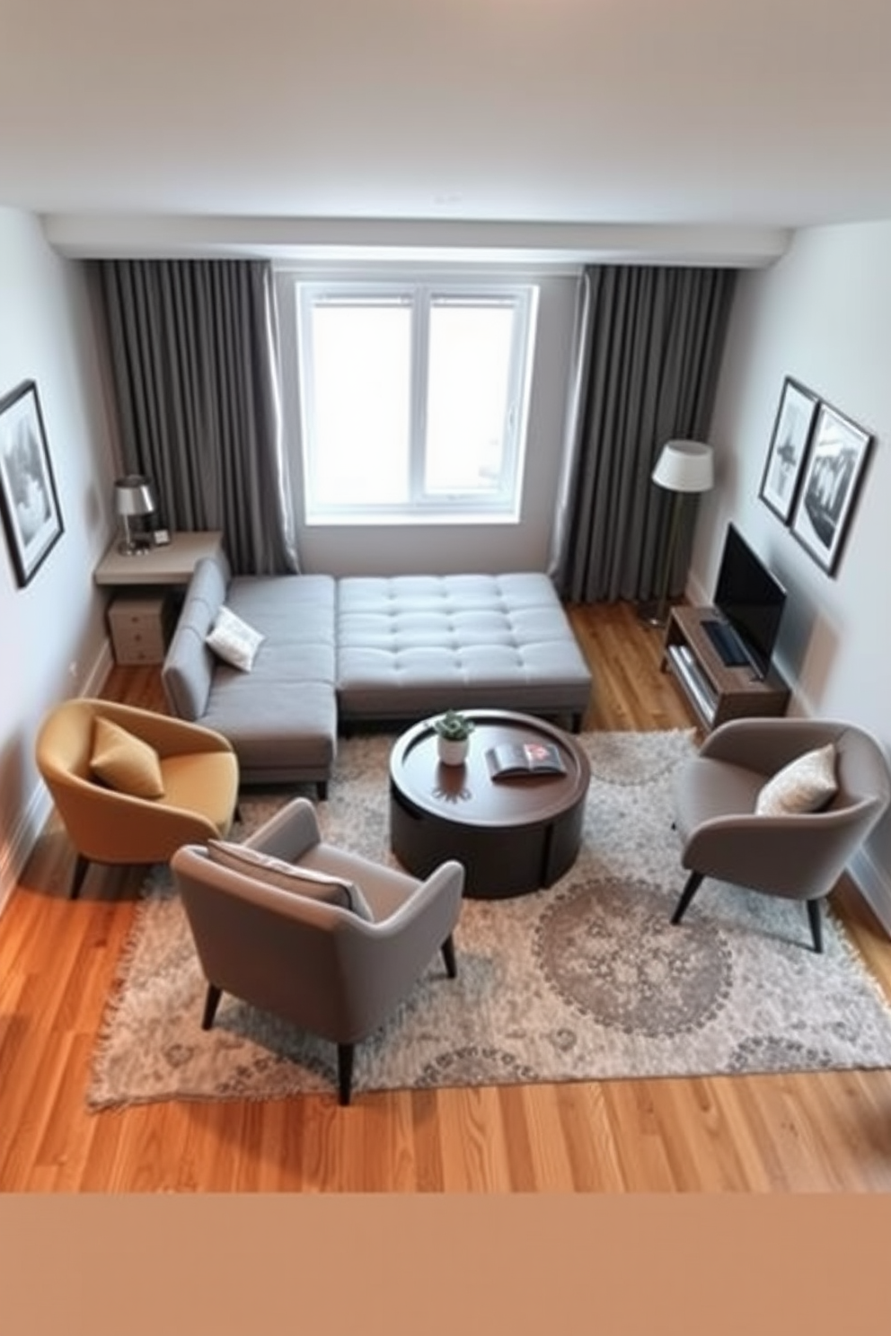 A stylish studio living room featuring a fold-out desk seamlessly integrated into the design. The space is adorned with a cozy sofa in a neutral tone, complemented by colorful throw pillows and a textured area rug. Natural light floods the room through large windows, highlighting the sleek wooden desk when unfolded. The walls are painted in a soft gray, creating a calming backdrop for the vibrant artwork displayed above the sofa.