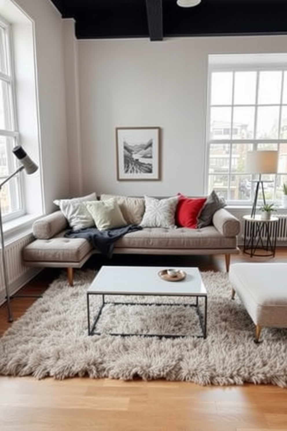 A stylish studio living room featuring multifunctional furniture pieces. The space includes a sleek sofa that converts into a bed, paired with a coffee table that doubles as storage. The walls are painted in a warm neutral tone, creating a cozy atmosphere. Large windows allow natural light to flood the room, enhancing the inviting ambiance.