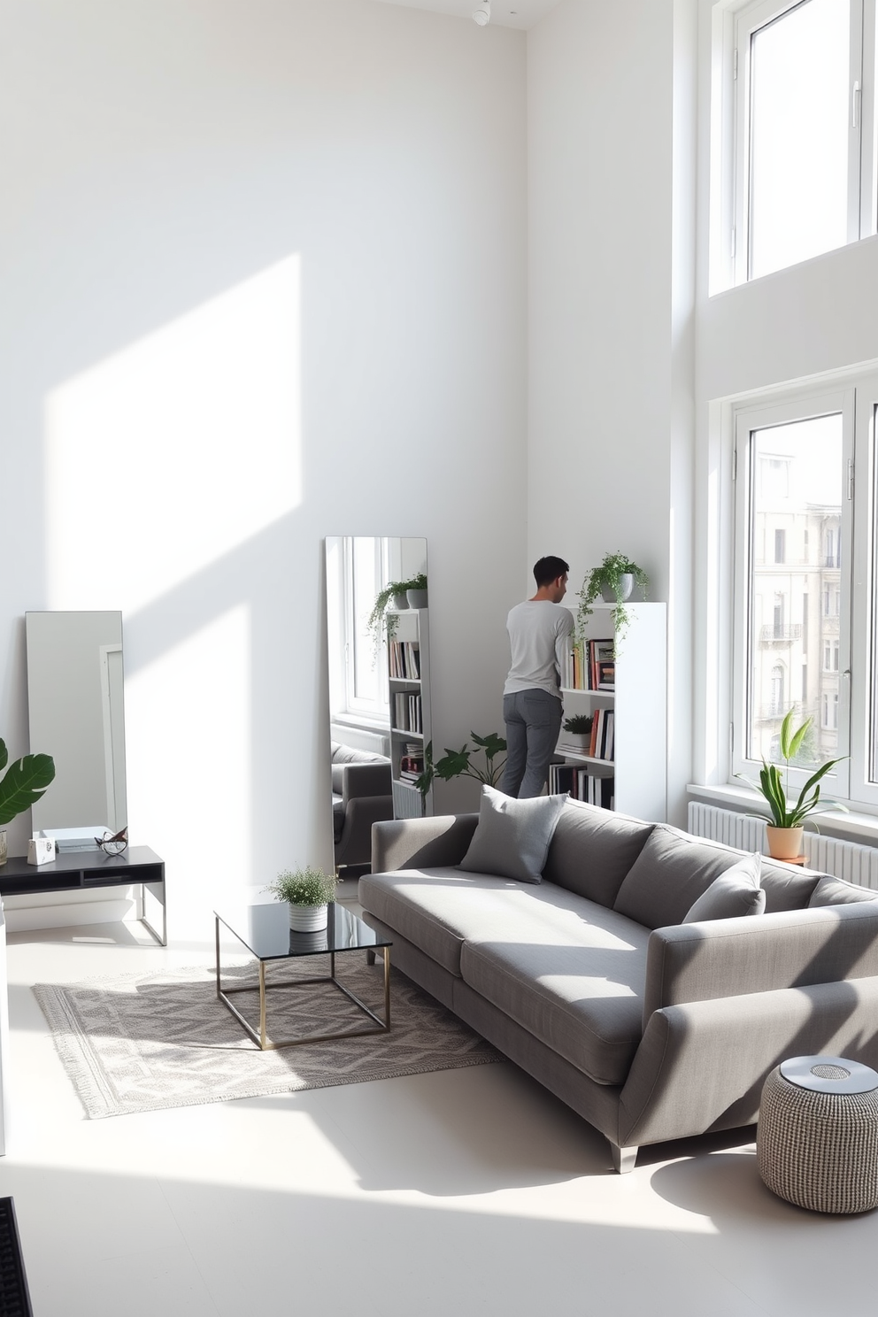 A bright and airy studio living room featuring large windows that flood the space with natural light. The walls are painted in a soft white, creating a clean backdrop for a cozy seating area with a plush gray sofa and a stylish coffee table. Mirrors are strategically placed across from the windows to reflect light and create an illusion of more space. A sleek bookshelf lines one wall, adorned with decorative items and plants, adding warmth and personality to the room.