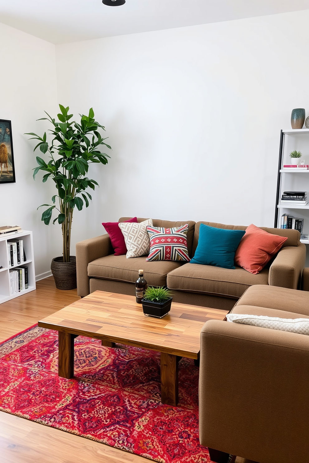 A cozy studio living room featuring a comfortable sofa adorned with colorful throw pillows. A large indoor plant stands in the corner, adding a touch of greenery and freshness to the space. The walls are painted in a soft neutral tone, complementing a stylish coffee table made of reclaimed wood. Shelves lined with books and decorative items create an inviting atmosphere, while a vibrant rug anchors the seating area.