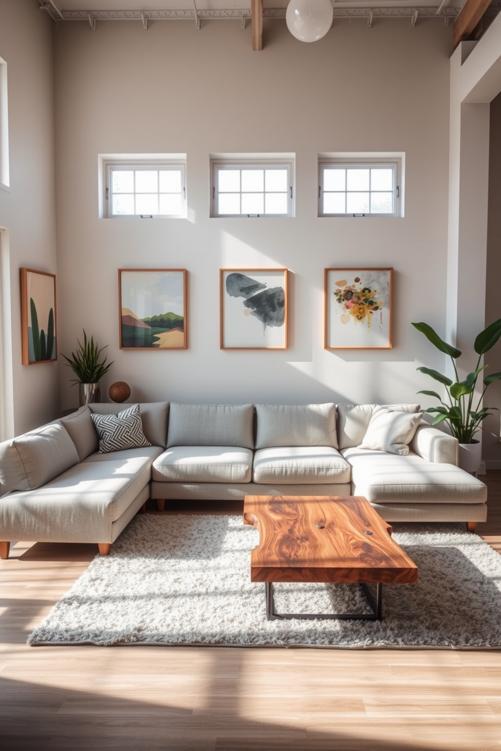 A modern studio living room featuring a cozy sectional sofa in a soft gray fabric. The walls are adorned with abstract art pieces hung at eye level, creating a focal point that draws the eye and enhances the space. Natural light floods the room through large windows, illuminating a stylish coffee table made of reclaimed wood. A plush area rug anchors the seating area, while potted plants add a touch of greenery and warmth.