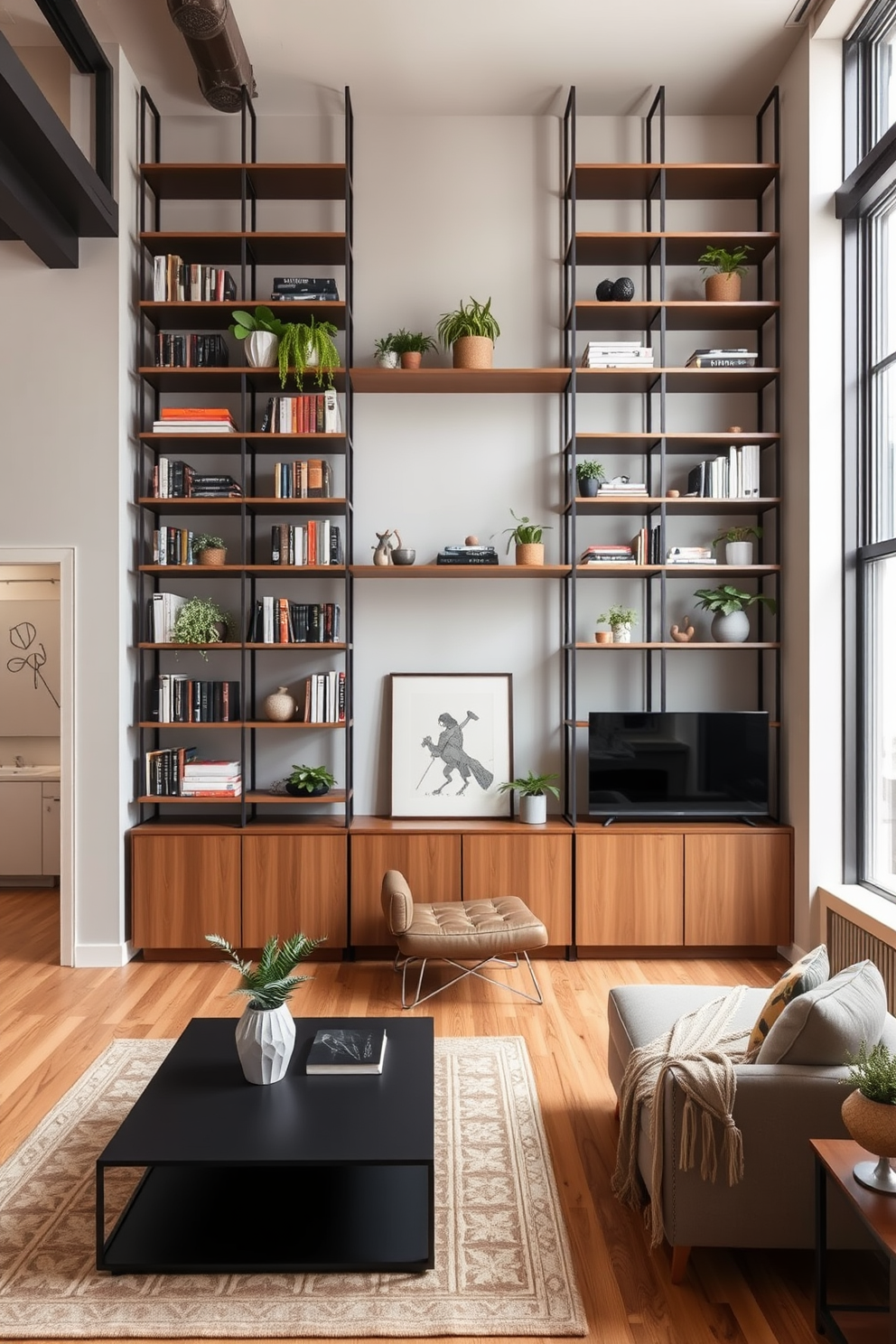 Maximize vertical space with tall shelves in a stylish studio loft apartment. The open layout features a cozy living area with a plush sofa and a sleek coffee table, while the shelves are adorned with books, plants, and decorative items.