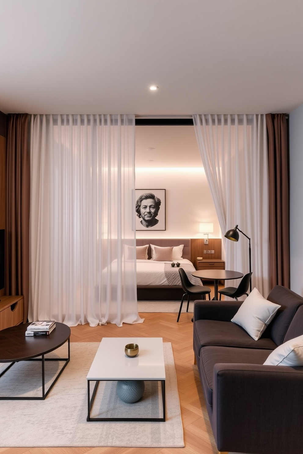 A stylish studio loft apartment features an open layout with a cozy sleeping area separated by elegant floor-to-ceiling curtains. The living space includes a modern sofa, a sleek coffee table, and a small dining nook with minimalist furniture.