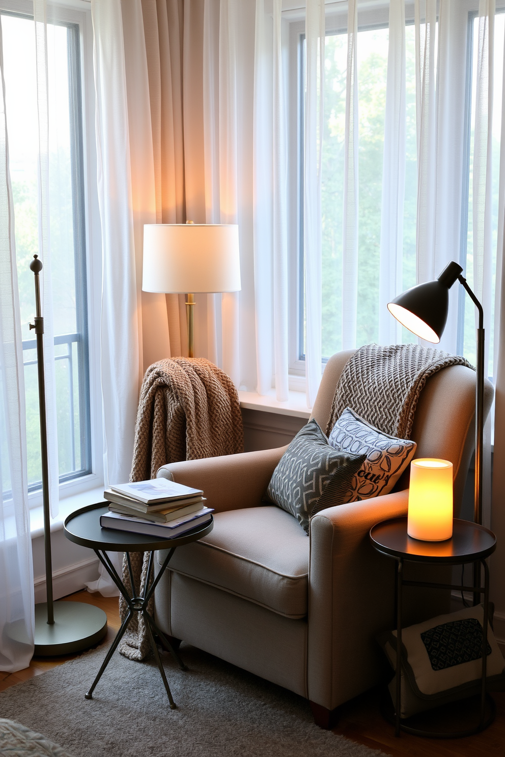 A cozy reading nook by the window features a plush armchair upholstered in soft fabric, positioned to capture the natural light. A small side table holds a stack of books and a steaming cup of tea, while a floor lamp with a warm glow provides additional lighting for evening reading. The nook is adorned with a textured throw blanket draped over the armchair, and a collection of decorative cushions in various patterns adds a touch of personality. Surrounding the window, sheer curtains allow for privacy while still letting in the gentle sunlight, creating an inviting atmosphere perfect for relaxation.